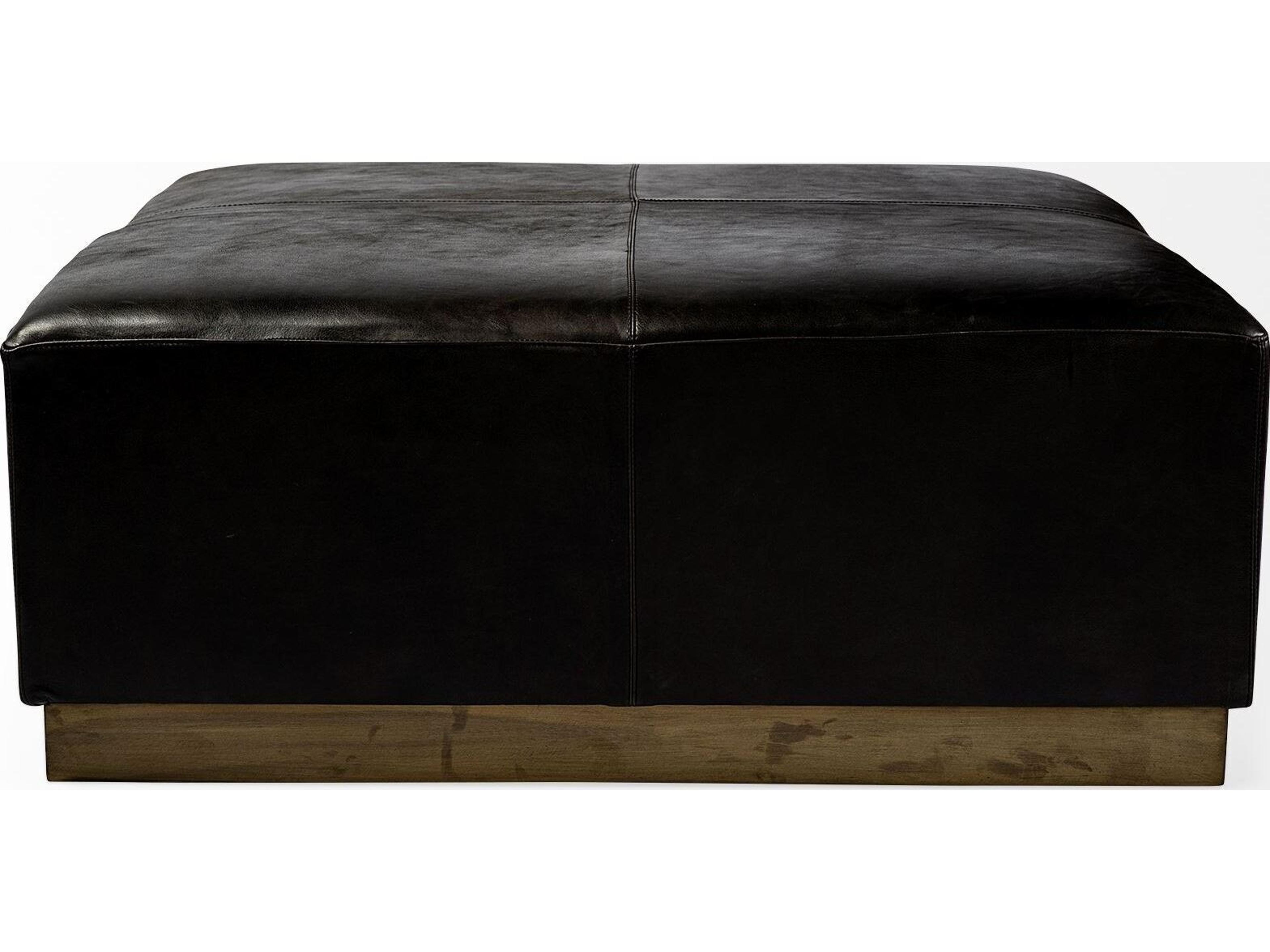 Mercana Minara 36" Square Black Leather Wrapped w/Metal Base Ottoman