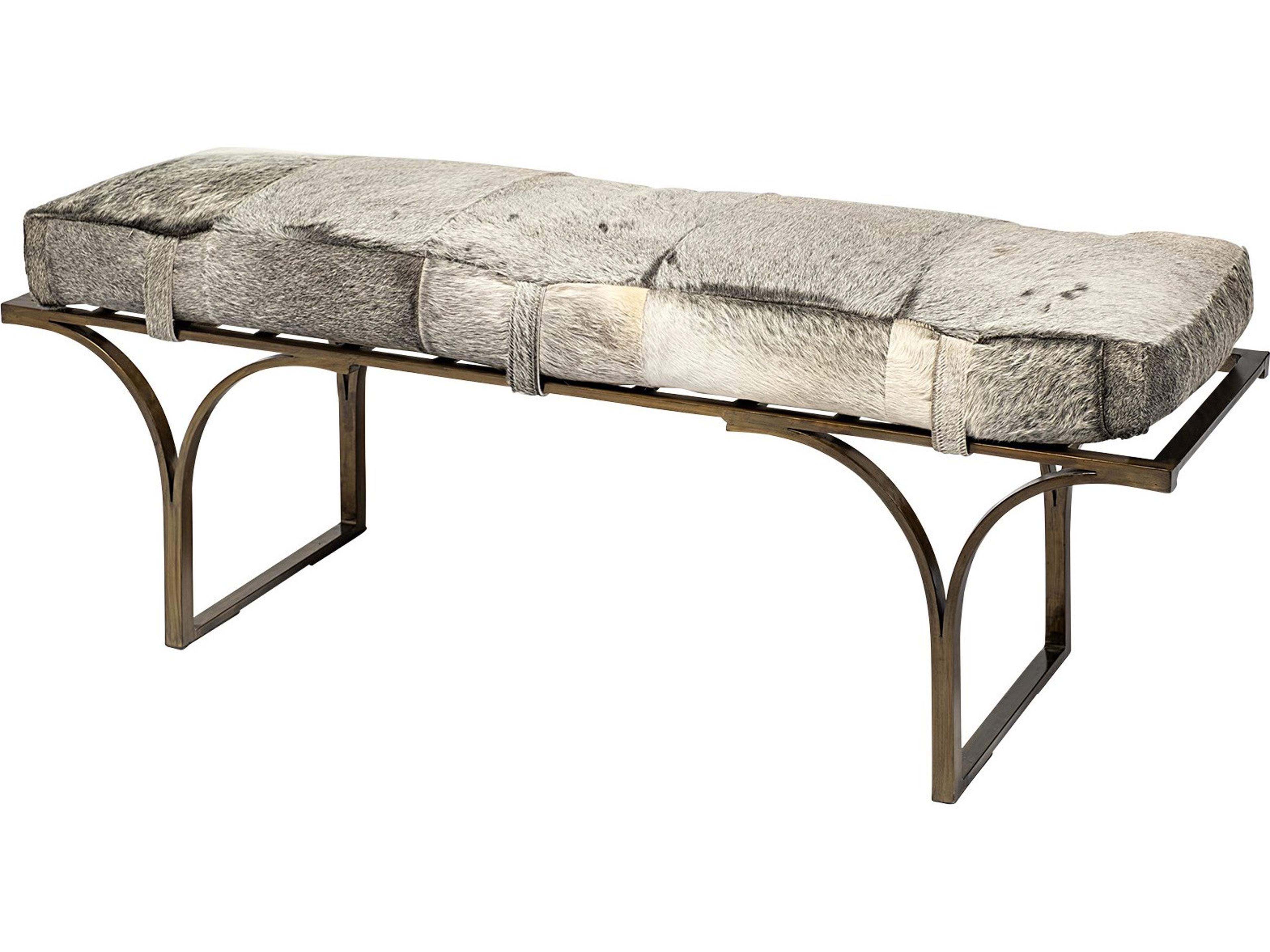 Jessie 55L x 16W White/Gray Hair-On-Hide Seat W/Gold Metal Base Accent Bench