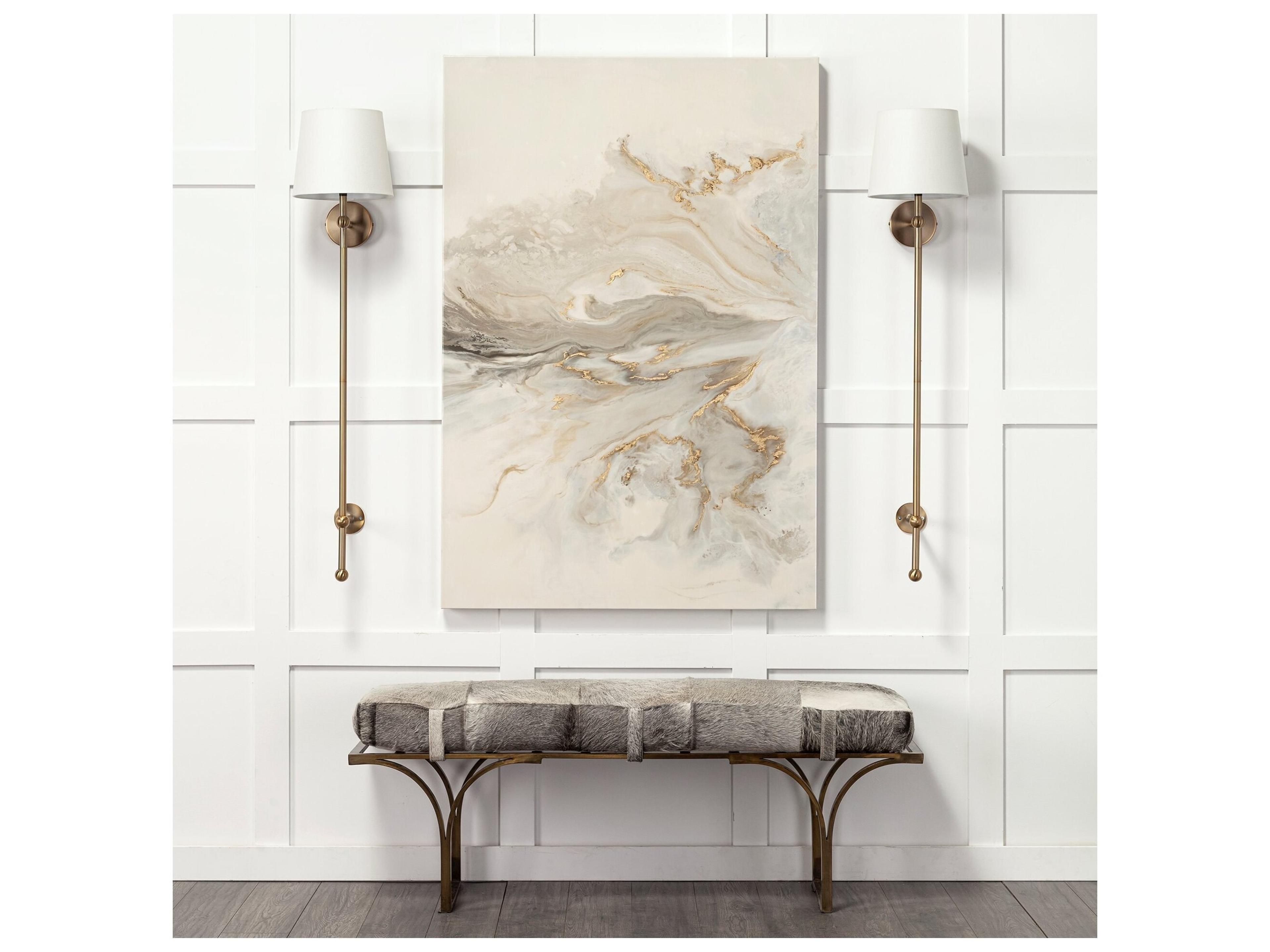 Mercana Jessie 55L x 16W White/Gray Hair-On-Hide Seat W/Gold Metal Base Accent Bench