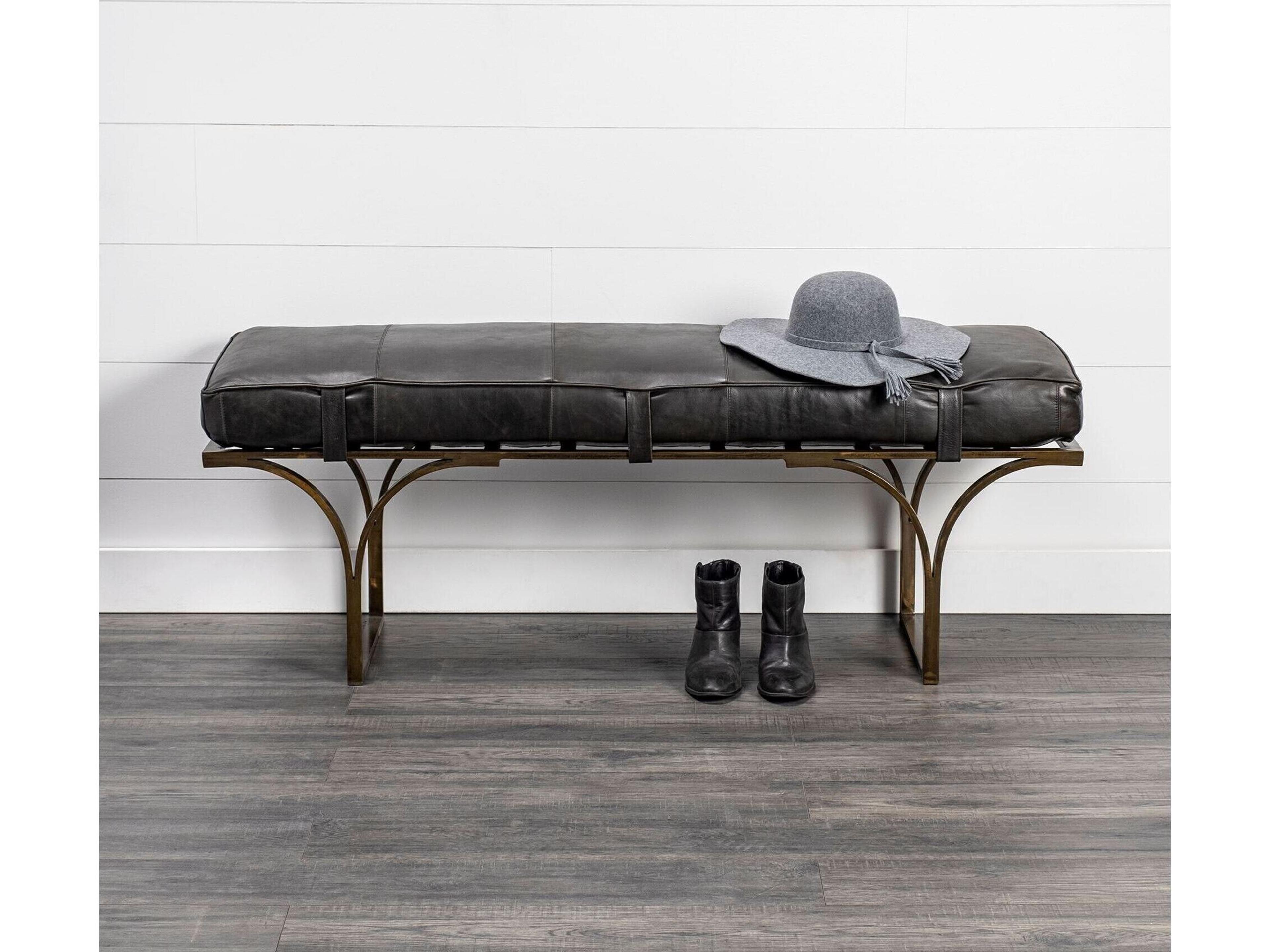 Mercana Jessie 55L x 16W Black Leather Seat W/Gold Metal Base Accent Bench