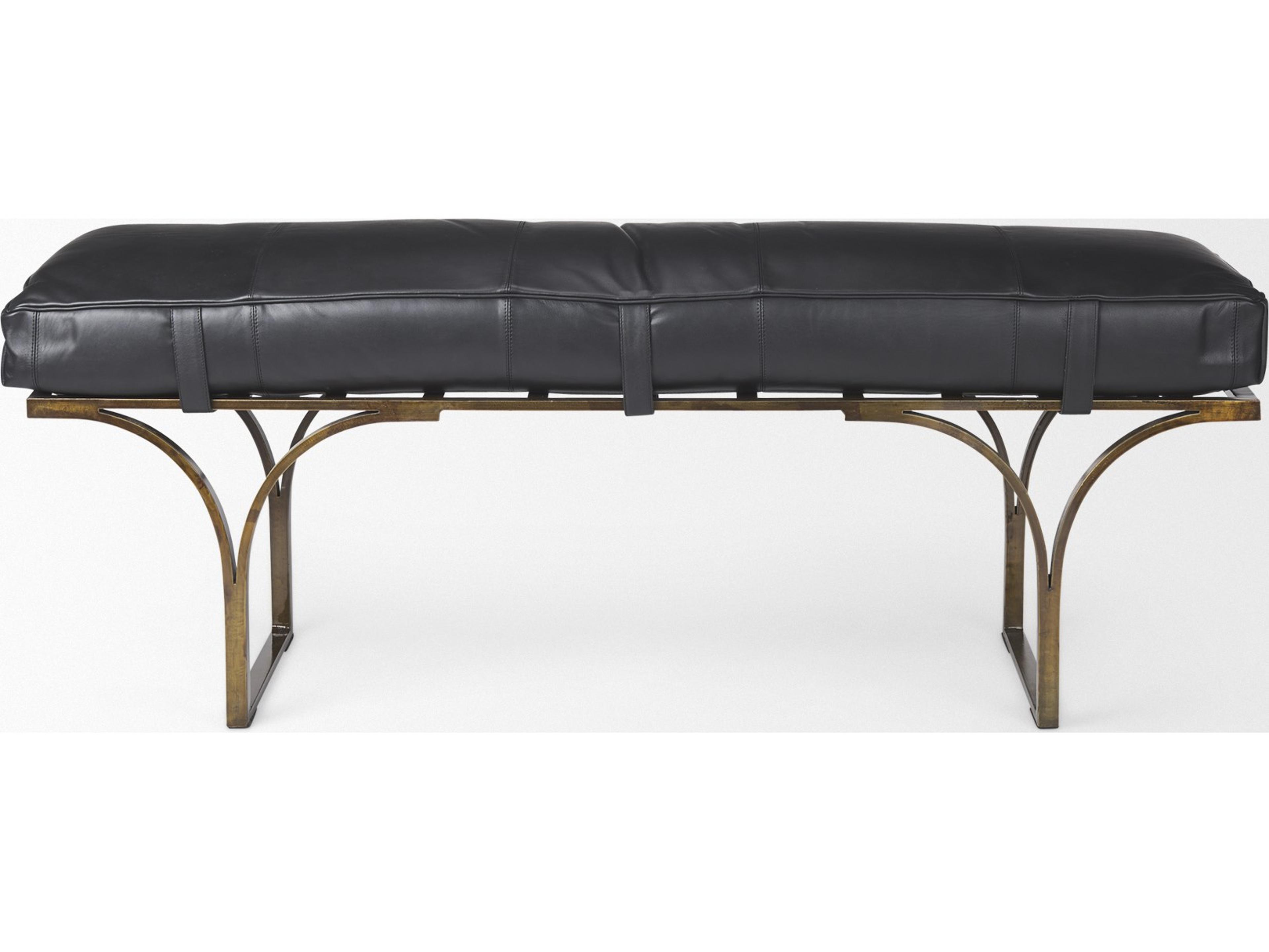 Mercana Jessie 55L x 16W Black Leather Seat W/Gold Metal Base Accent Bench