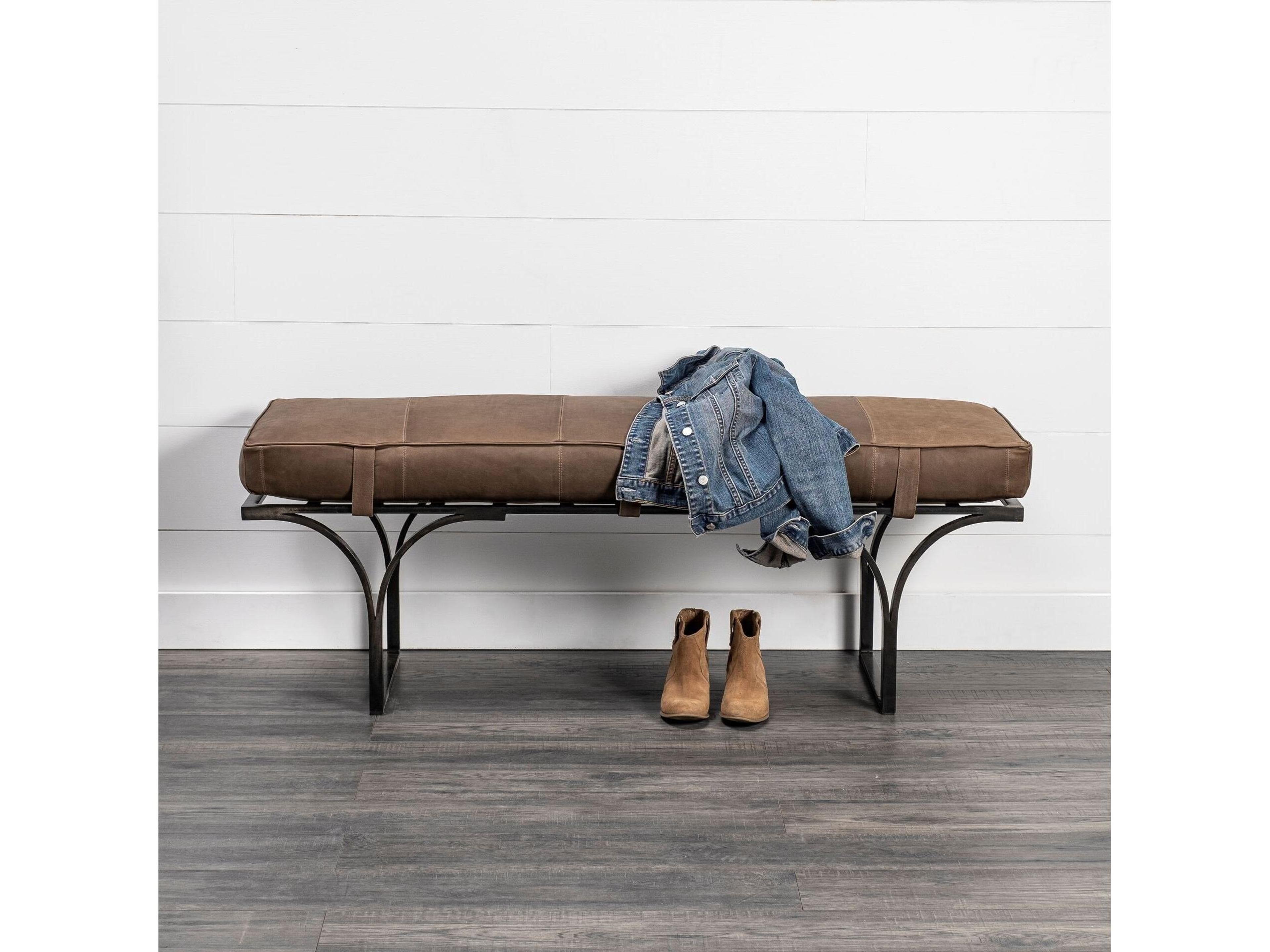 Mercana Jessie 55L x 16W Brown Leather Seat W/Black Metal Base Accent Bench