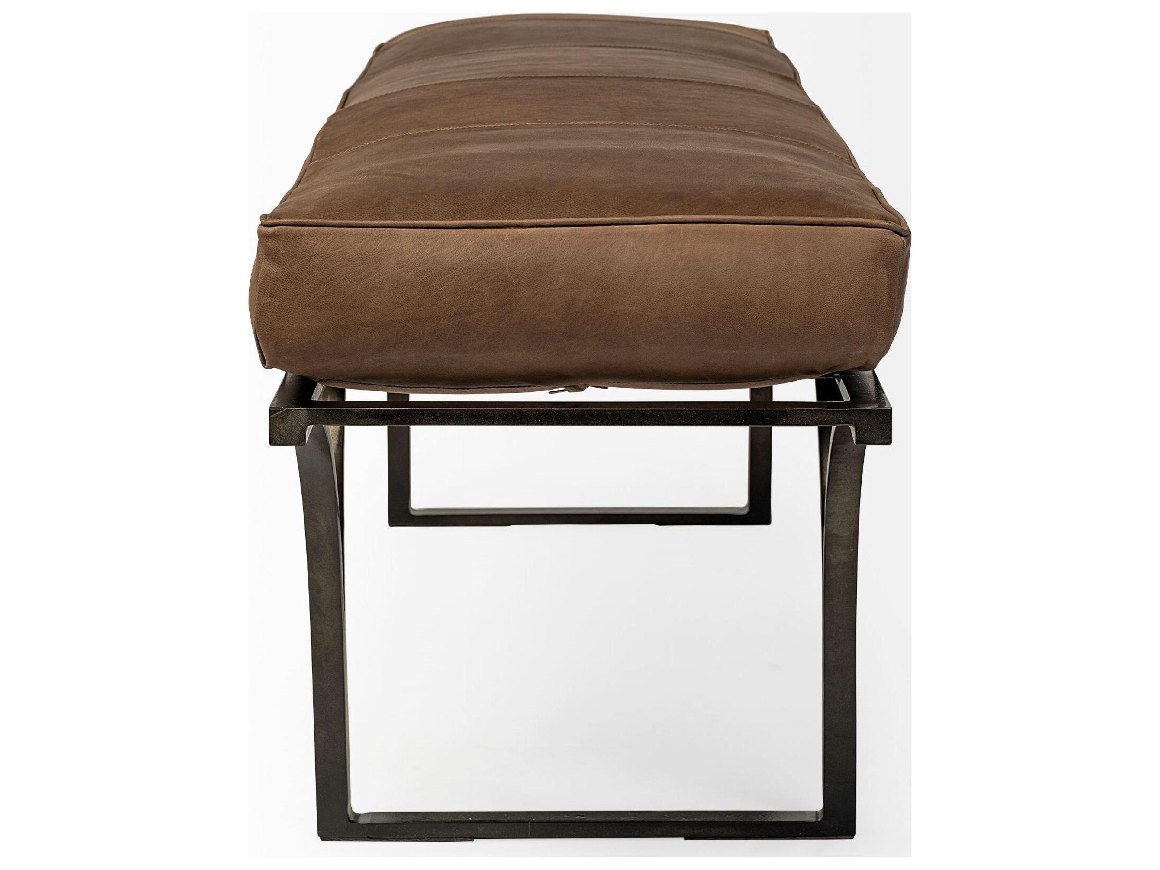 Mercana Jessie 55L x 16W Brown Leather Seat W/Black Metal Base Accent Bench