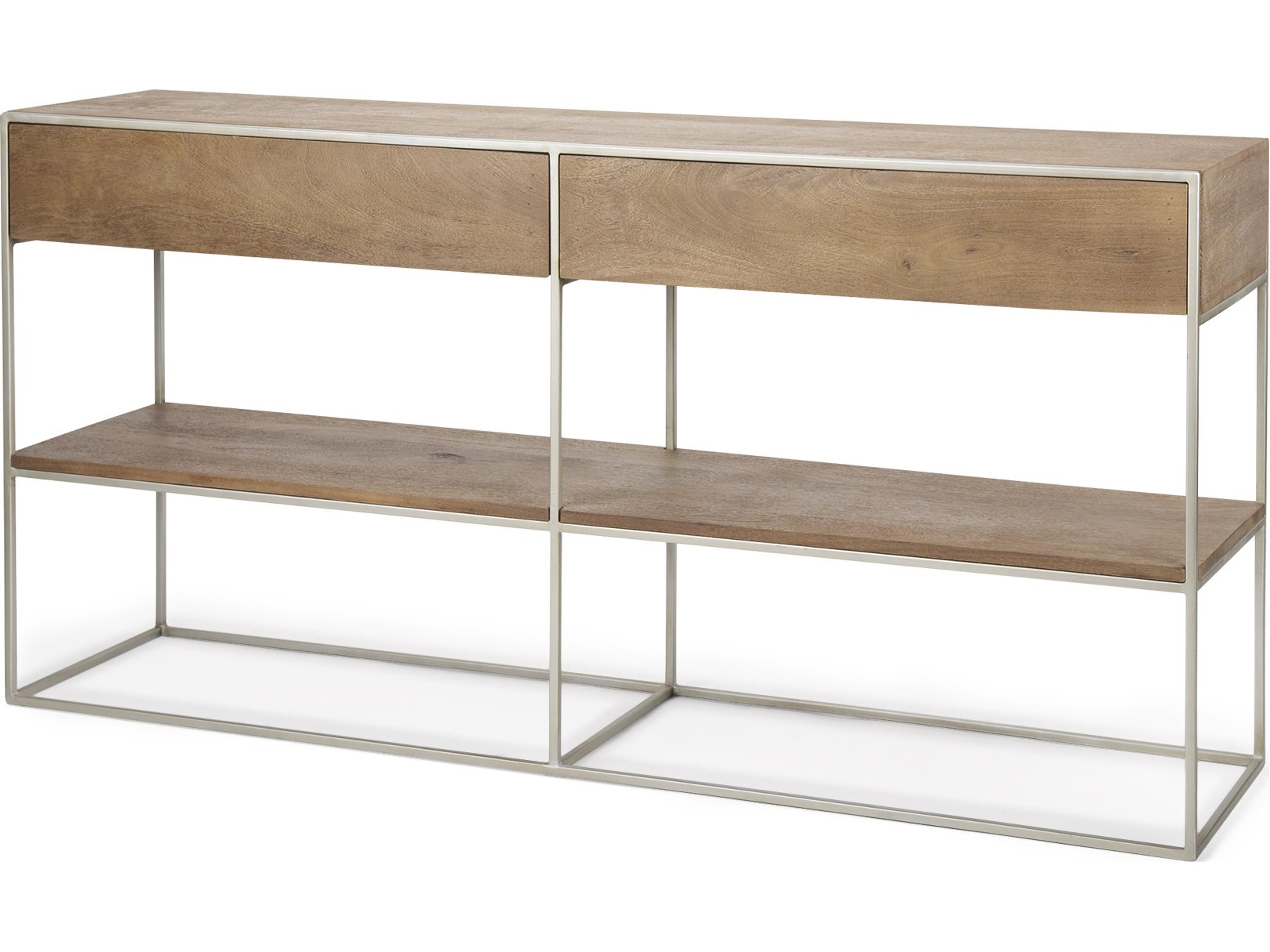 Morris I 63L x 15W x 31H Brown Wood w/ Silver Metal Frame 2 Drawer Console Table