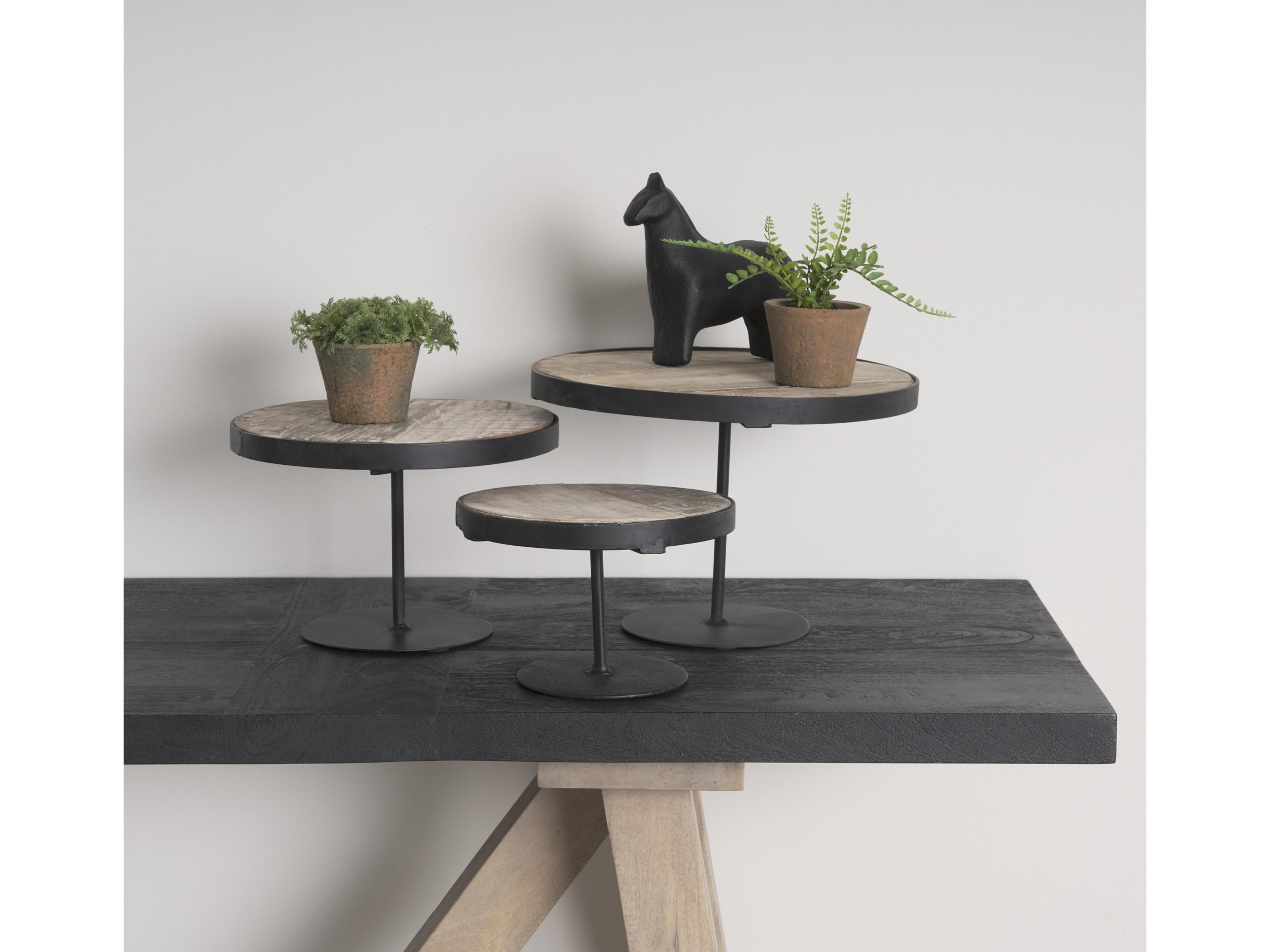 Mercana Lorenz (Set of 3) Light Brown Wood W/ Black Metal Base Round Decorative Display Stands