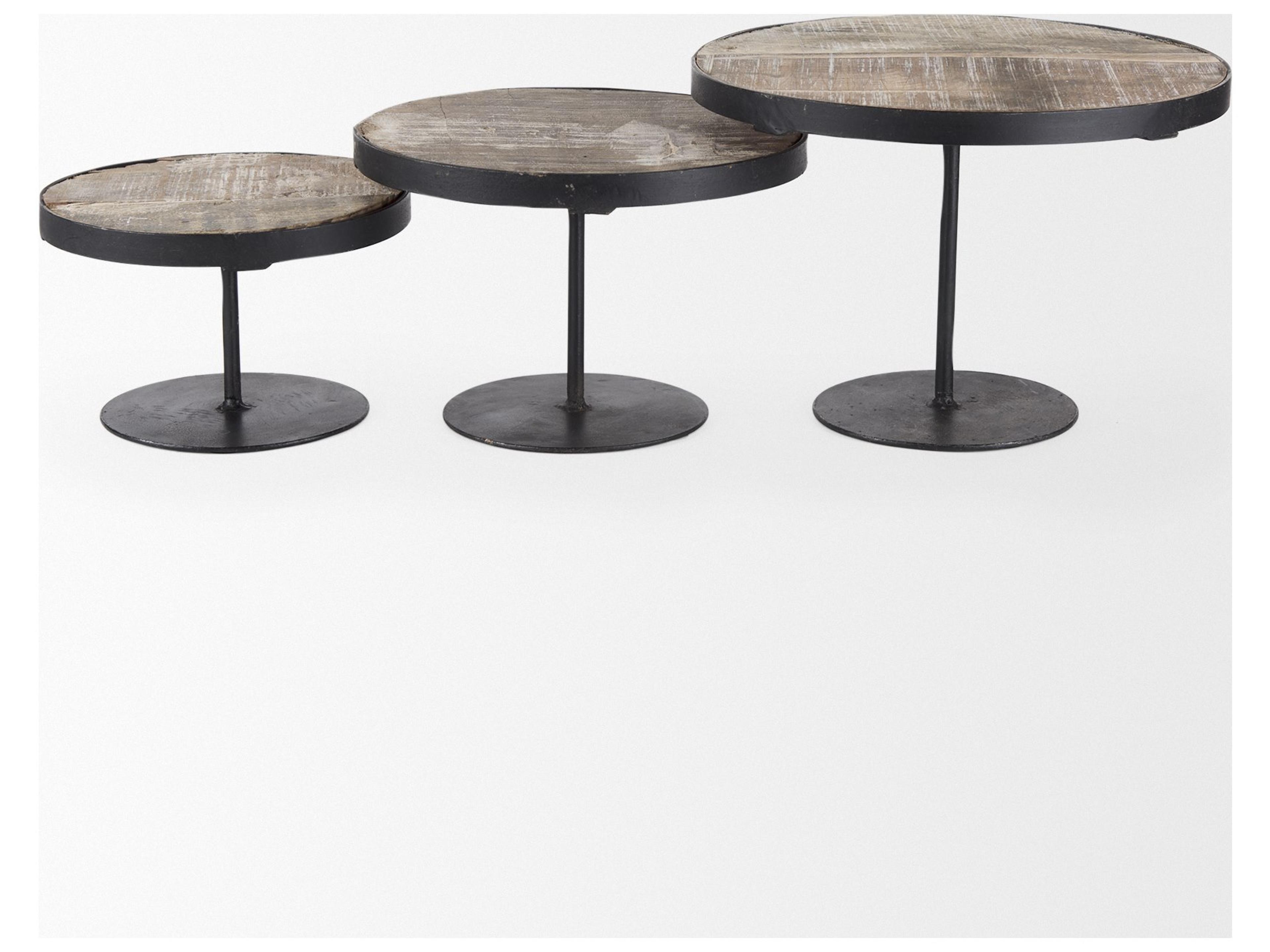 Mercana Lorenz (Set of 3) Light Brown Wood W/ Black Metal Base Round Decorative Display Stands