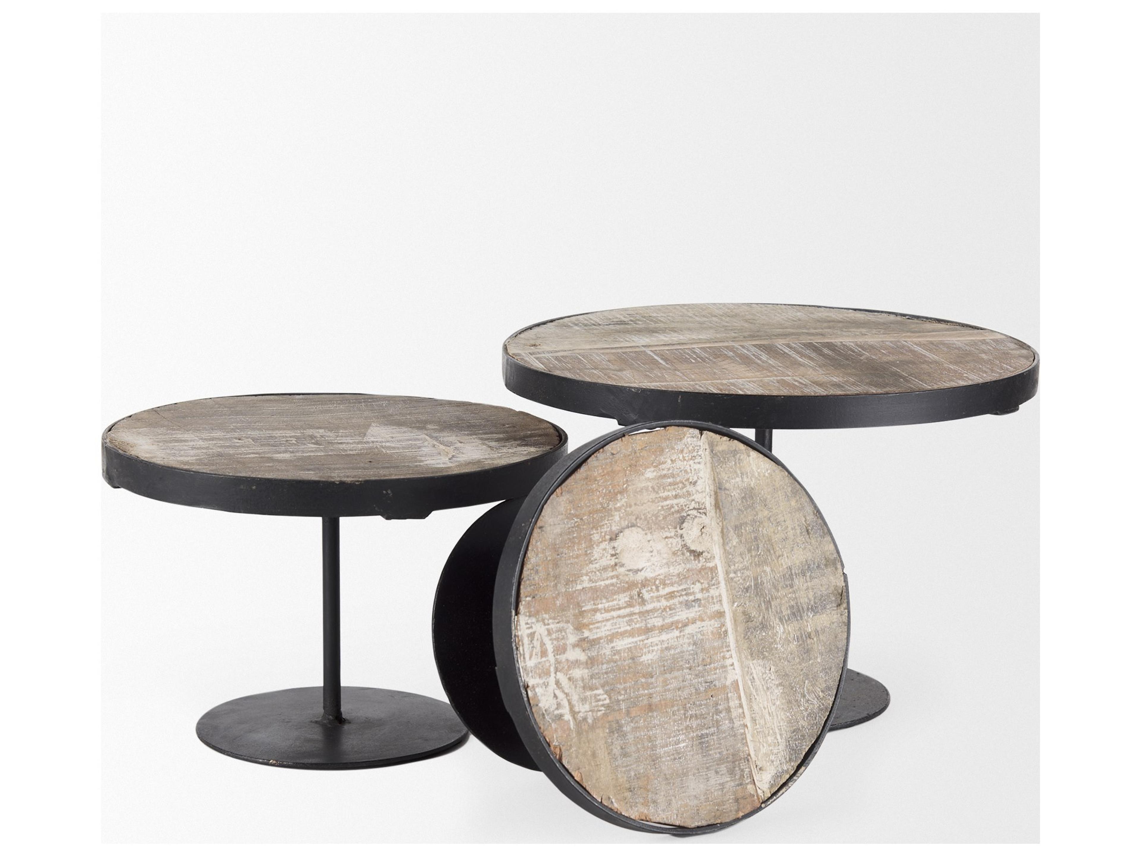 Mercana Lorenz (Set of 3) Light Brown Wood W/ Black Metal Base Round Decorative Display Stands