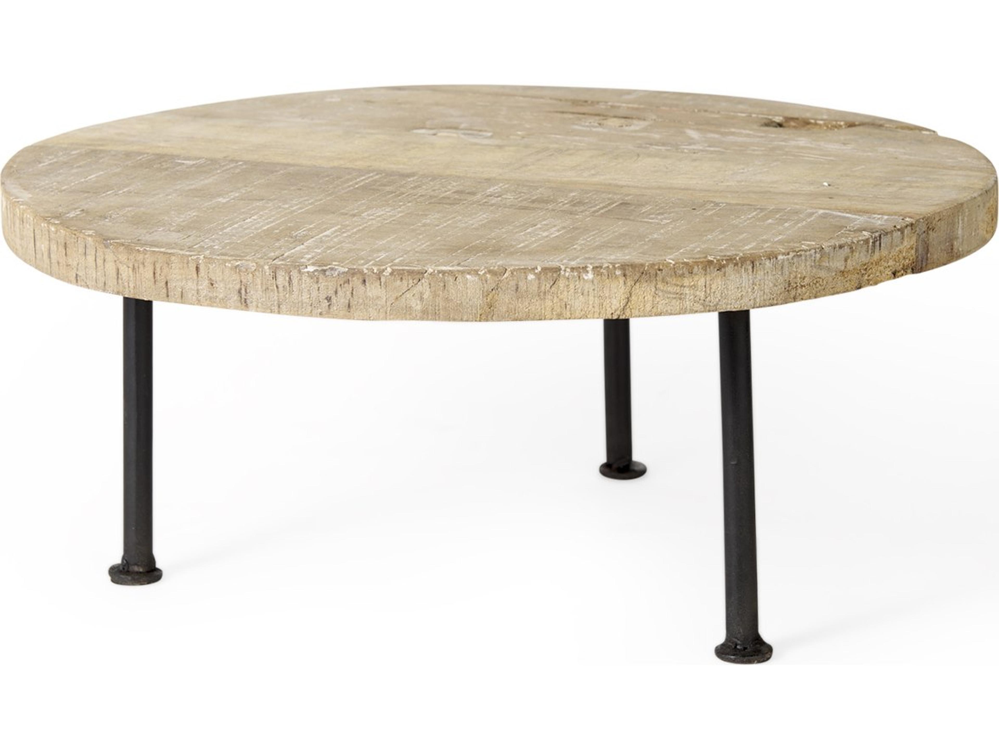 Mercana Cedric 15L x 15W x 6H Round Light Brown Wood w/ Black Metal Legs Decorative Display Stand