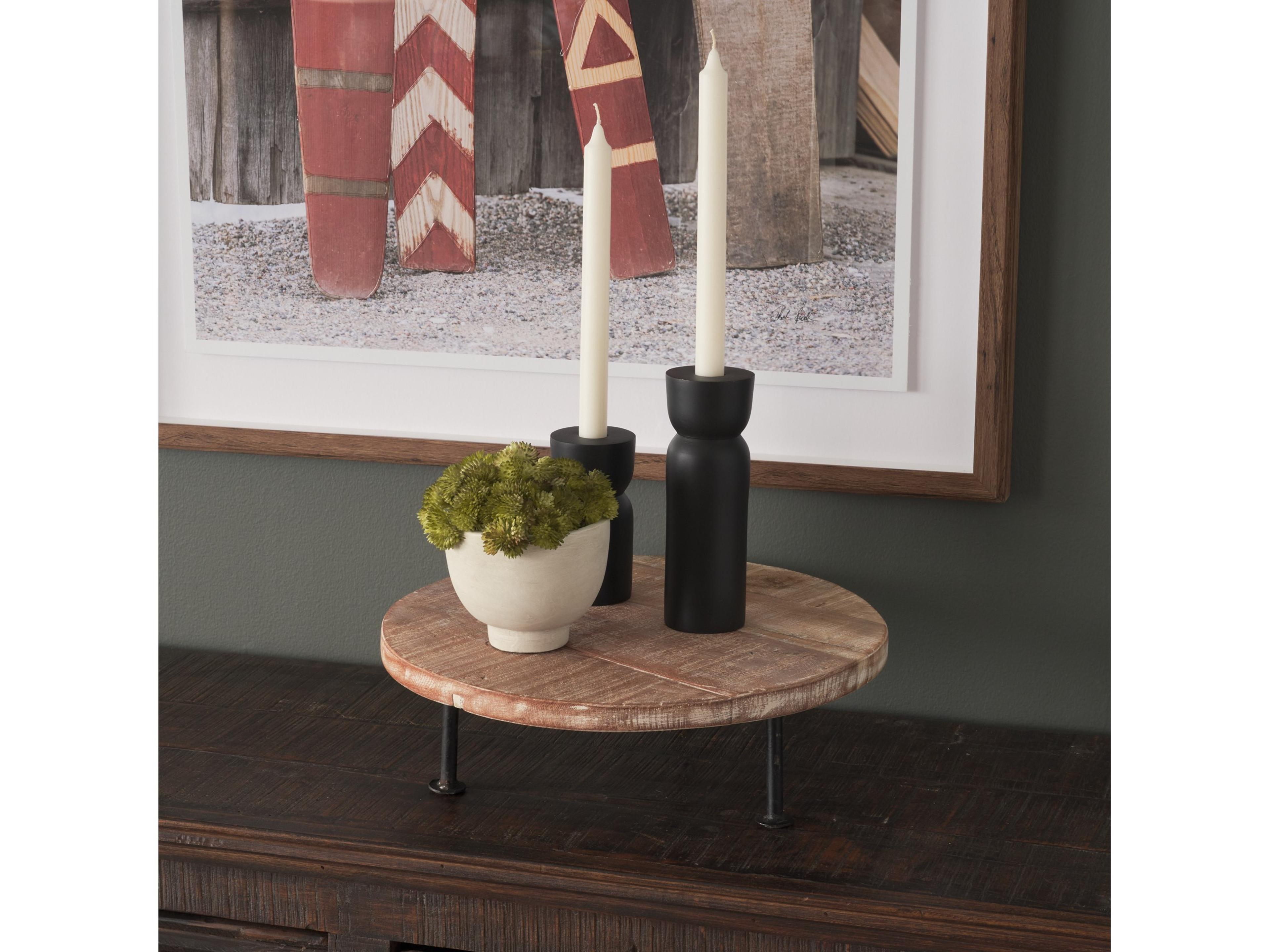 Mercana Cedric 15L x 15W x 6H Round Light Brown Wood w/ Black Metal Legs Decorative Display Stand