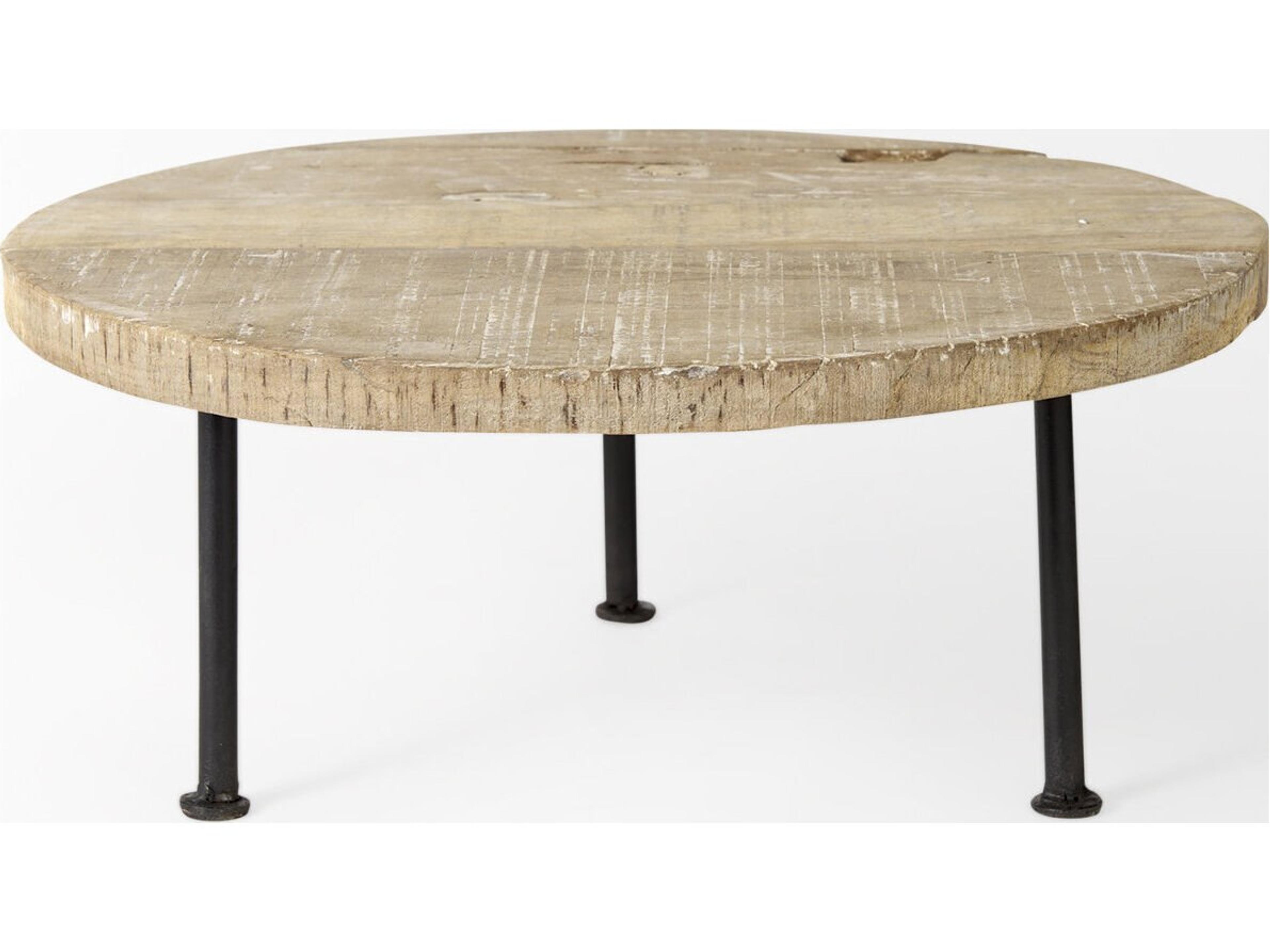 Mercana Cedric 15L x 15W x 6H Round Light Brown Wood w/ Black Metal Legs Decorative Display Stand