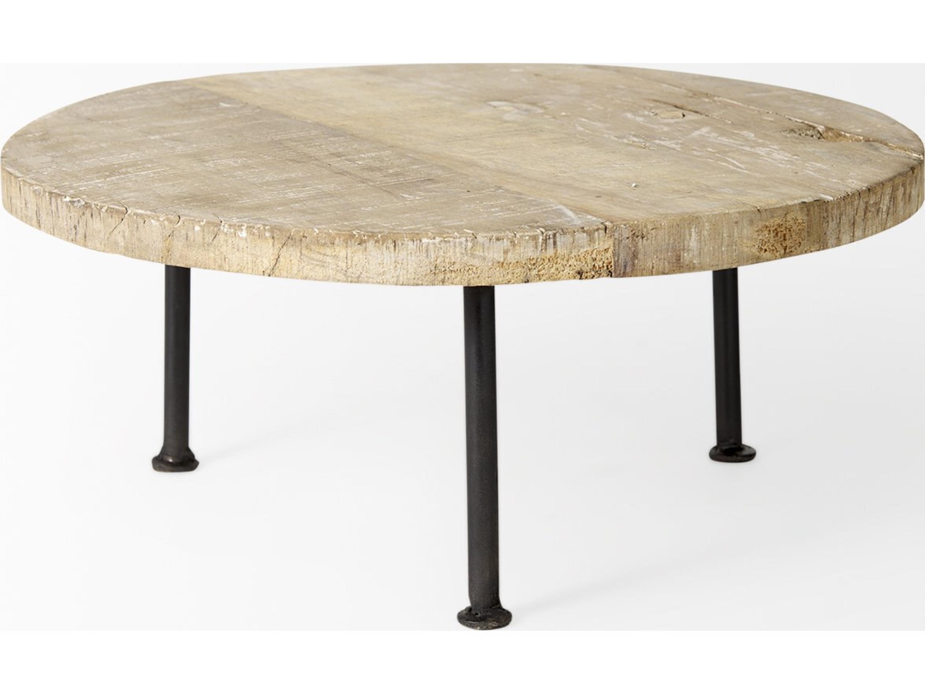 Mercana Cedric 15L x 15W x 6H Round Light Brown Wood w/ Black Metal Legs Decorative Display Stand