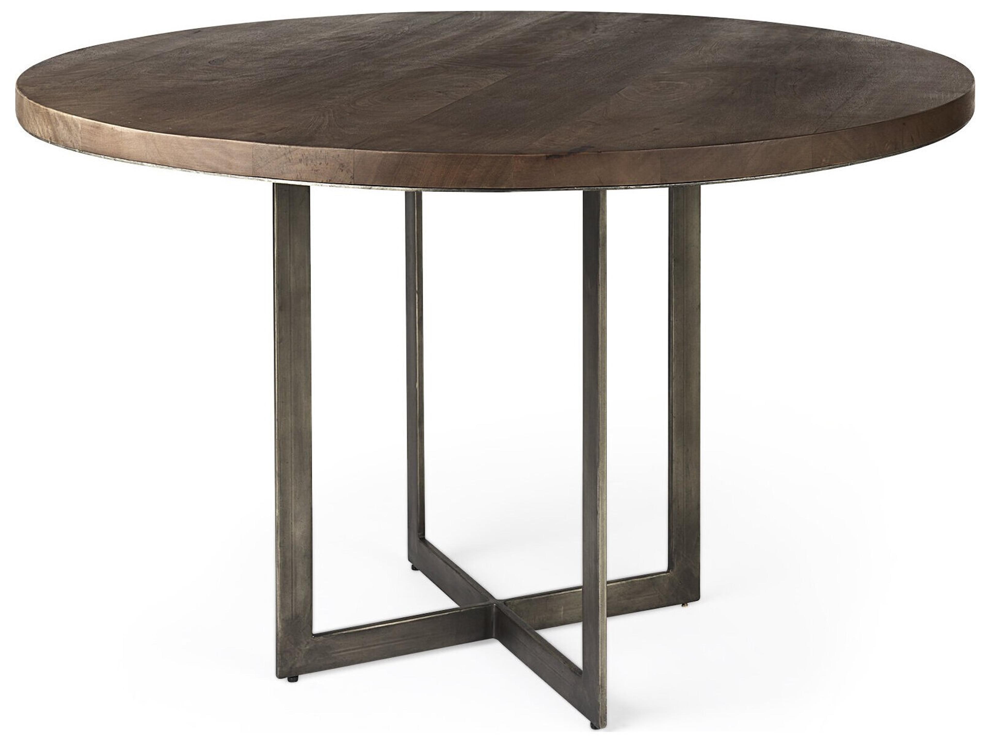 Faye I 48L x 48W x 30H Medium Brown Wood W/Antique Nickel Metal Base Round Dining Table