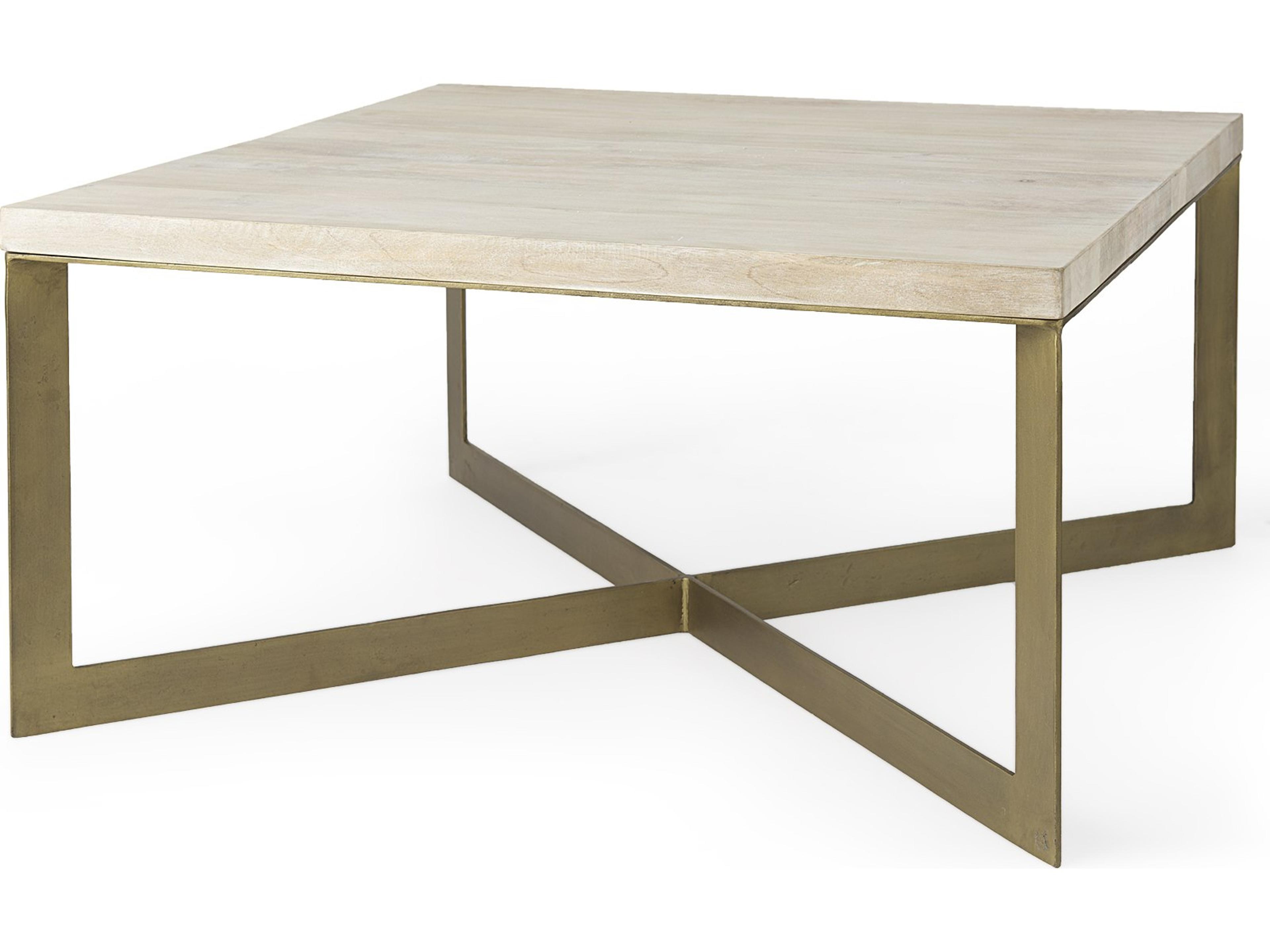 Faye 34L x 34W x 17H Beige Finished Wood W/Gold Metal Base Square Coffee Table