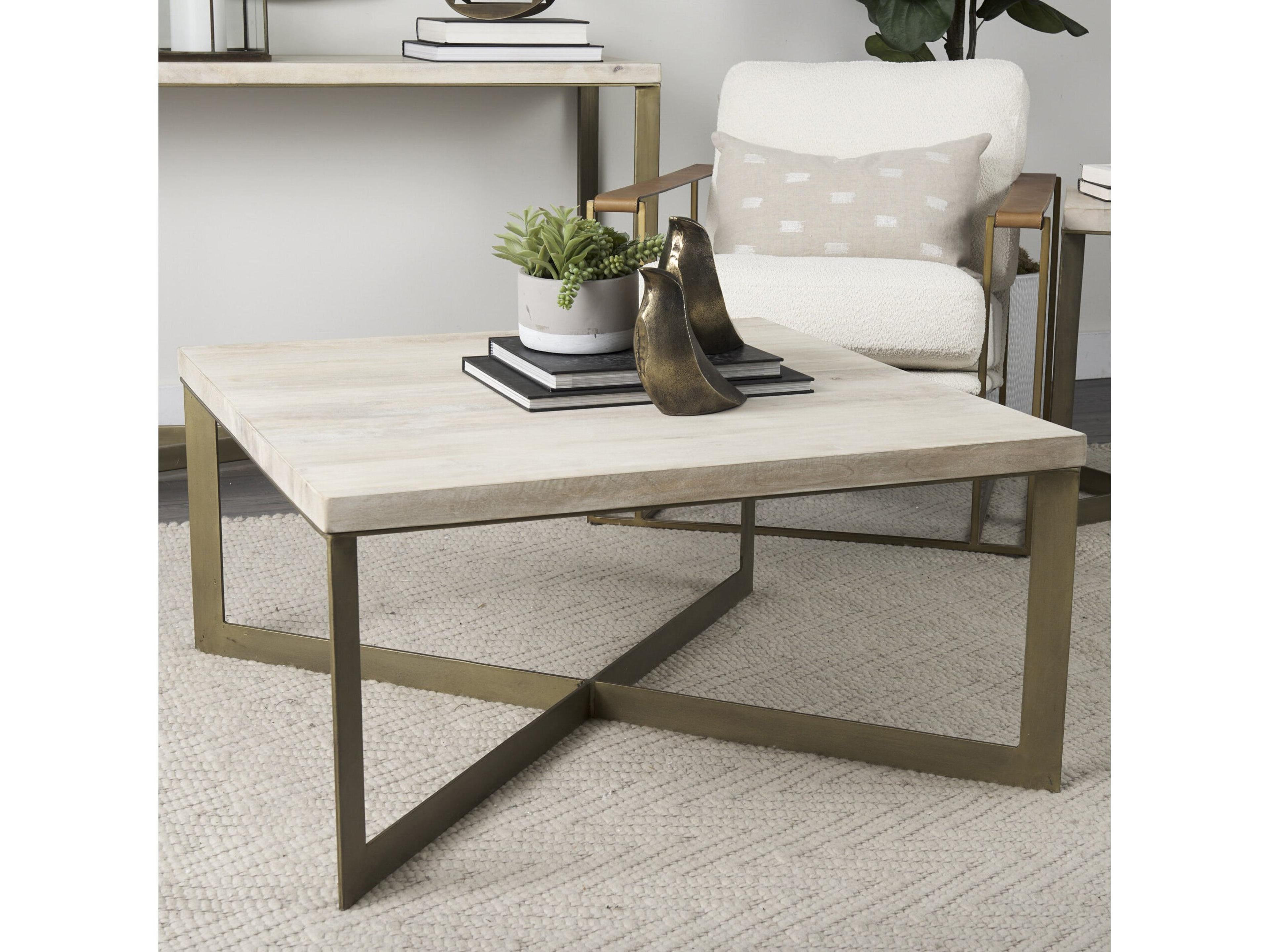Mercana Faye 34L x 34W x 17H Beige Finished Wood W/Gold Metal Base Square Coffee Table