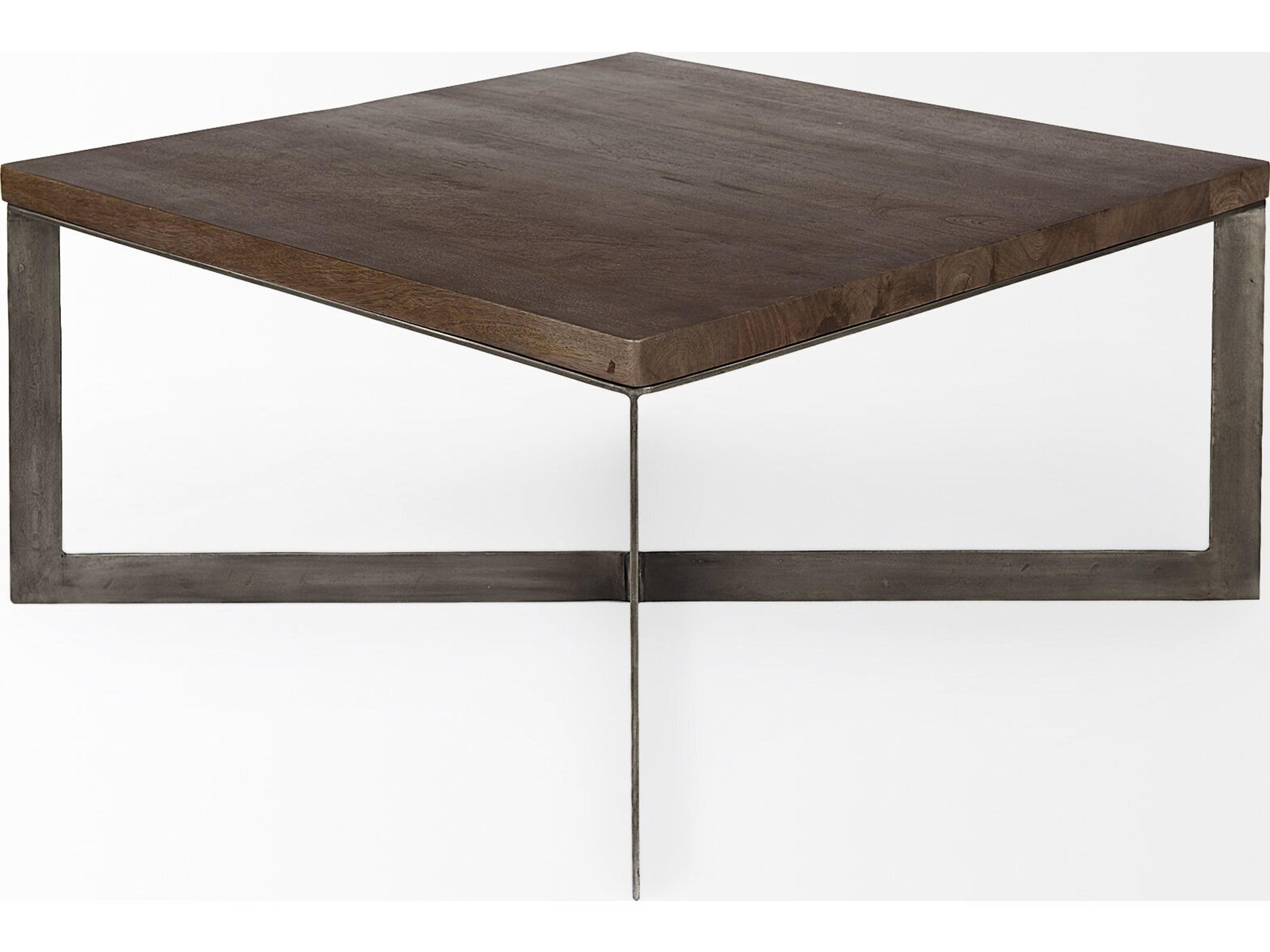 Mercana Faye 34L x 34W x 17H Medium Brown Wood W/Antique Nickel Metal Base Square Coffee Table