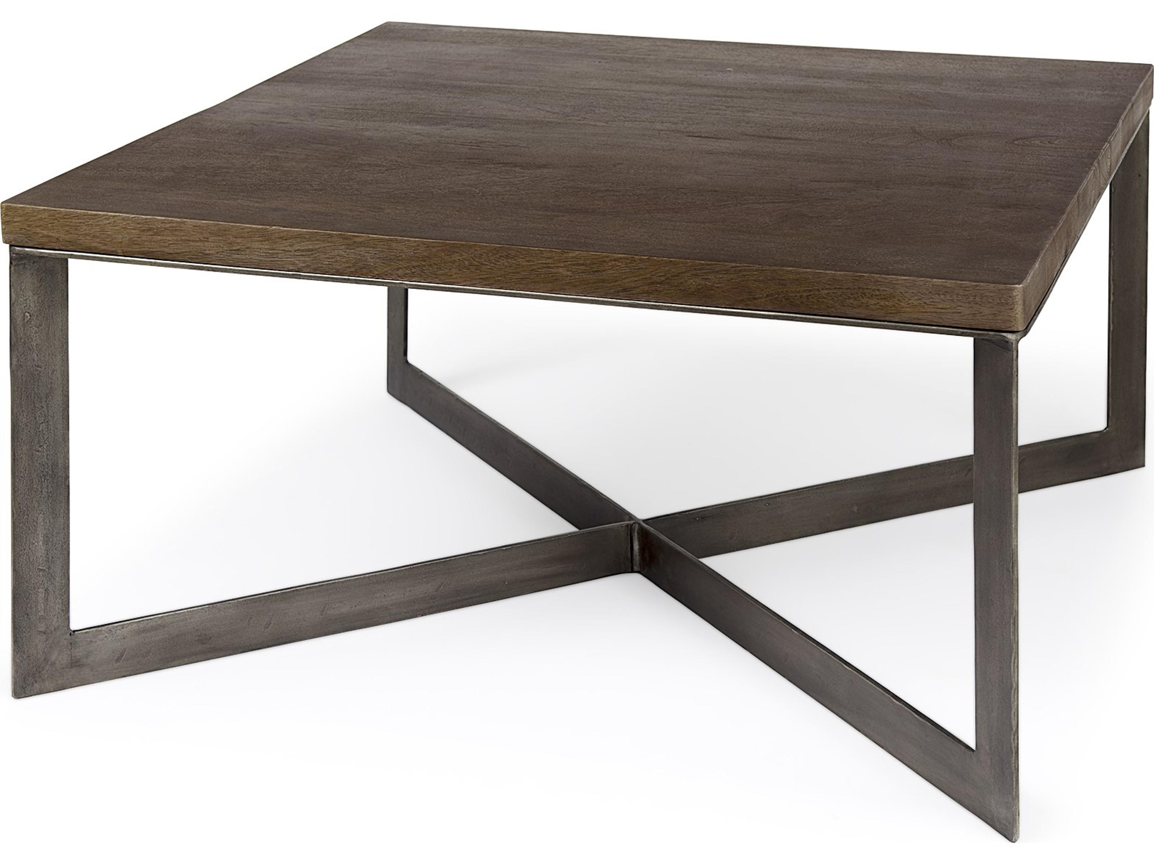 Faye 34L x 34W x 17H Medium Brown Wood W/Antique Nickel Metal Base Square Coffee Table