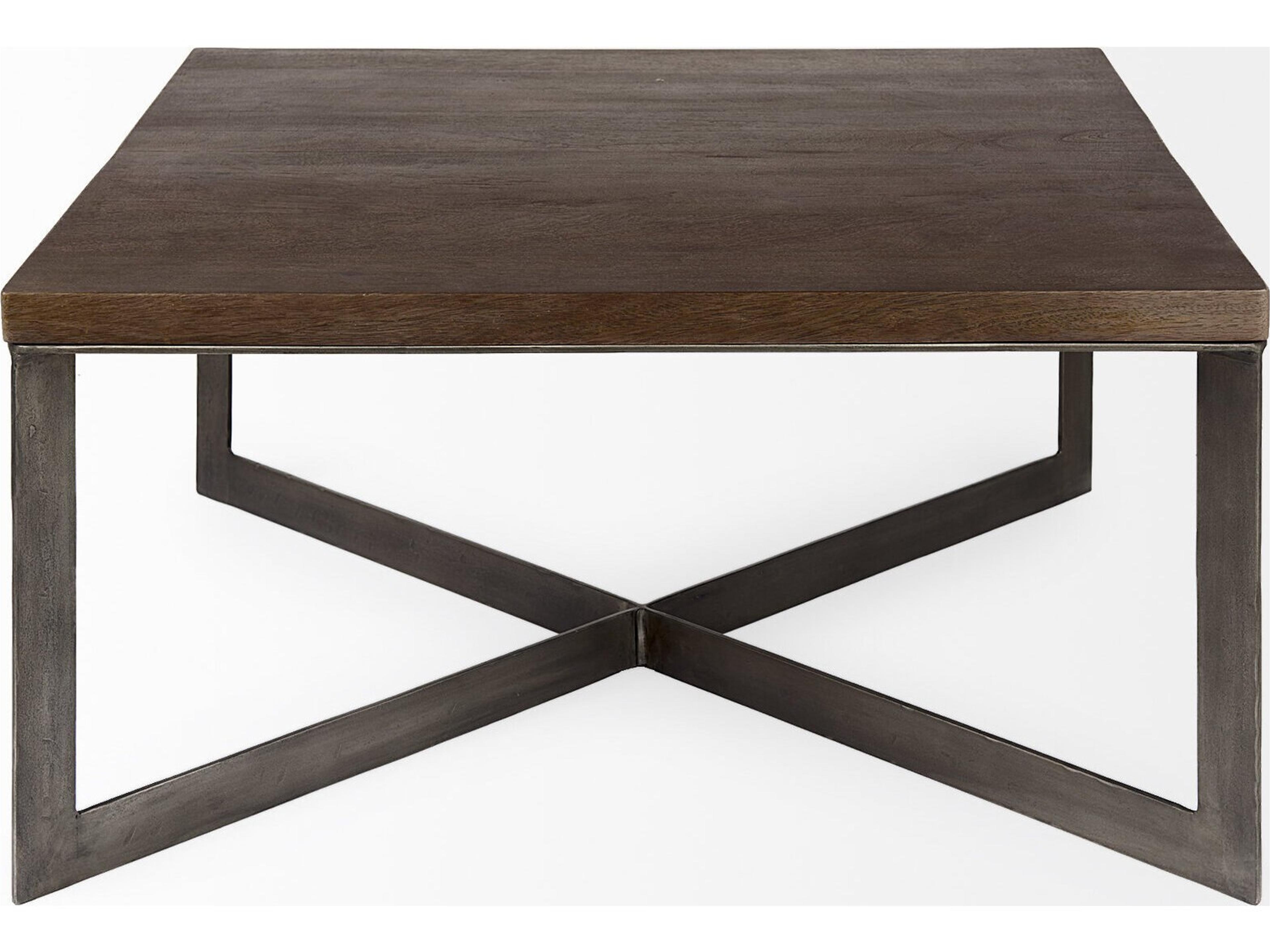 Mercana Faye 34L x 34W x 17H Medium Brown Wood W/Antique Nickel Metal Base Square Coffee Table