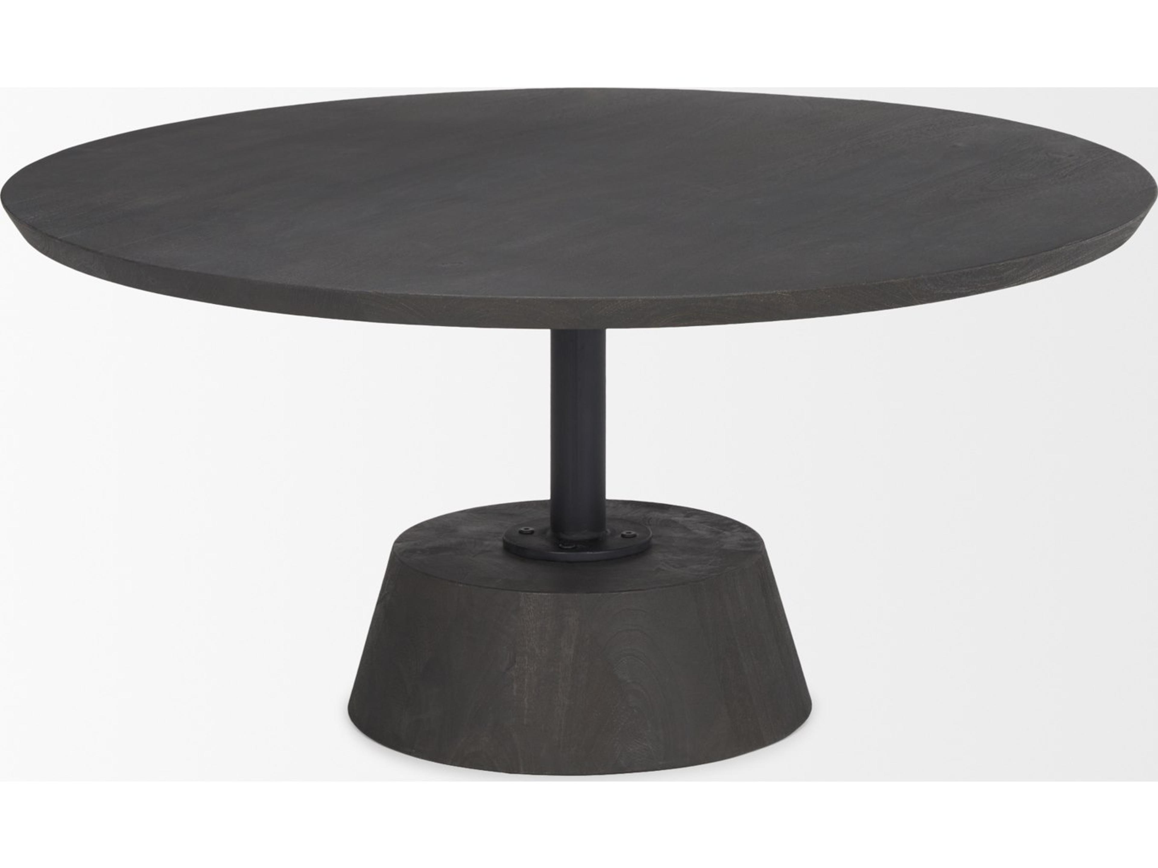Mercana Maxwell 34L x 34W x 16H Dark Brown Wood W/ Black Metal Pedestal Base Round Coffee Table