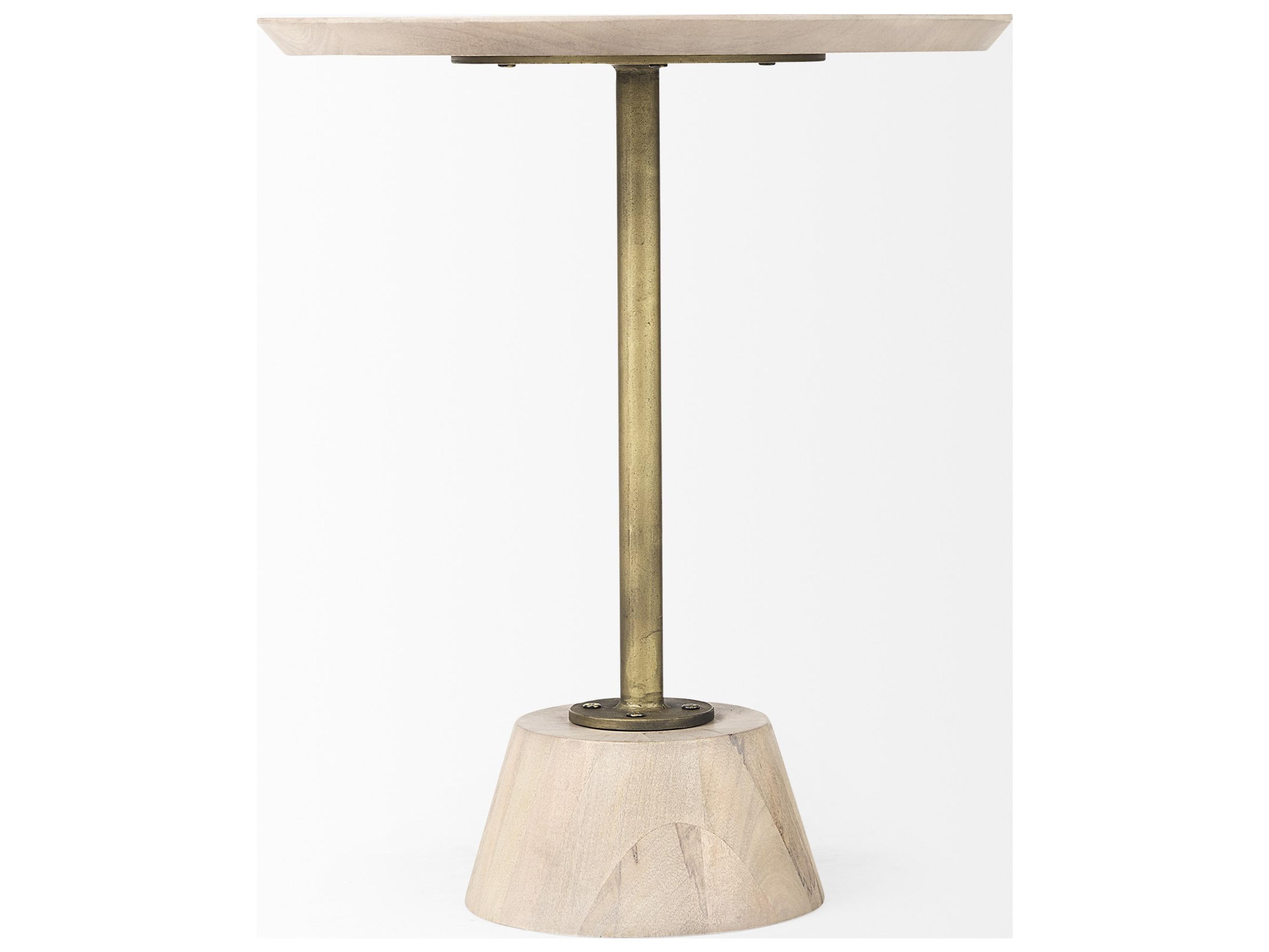 Mercana Maxwell 20" Round Light Brown Wood w/ Gold Metal Pedestal Side Table