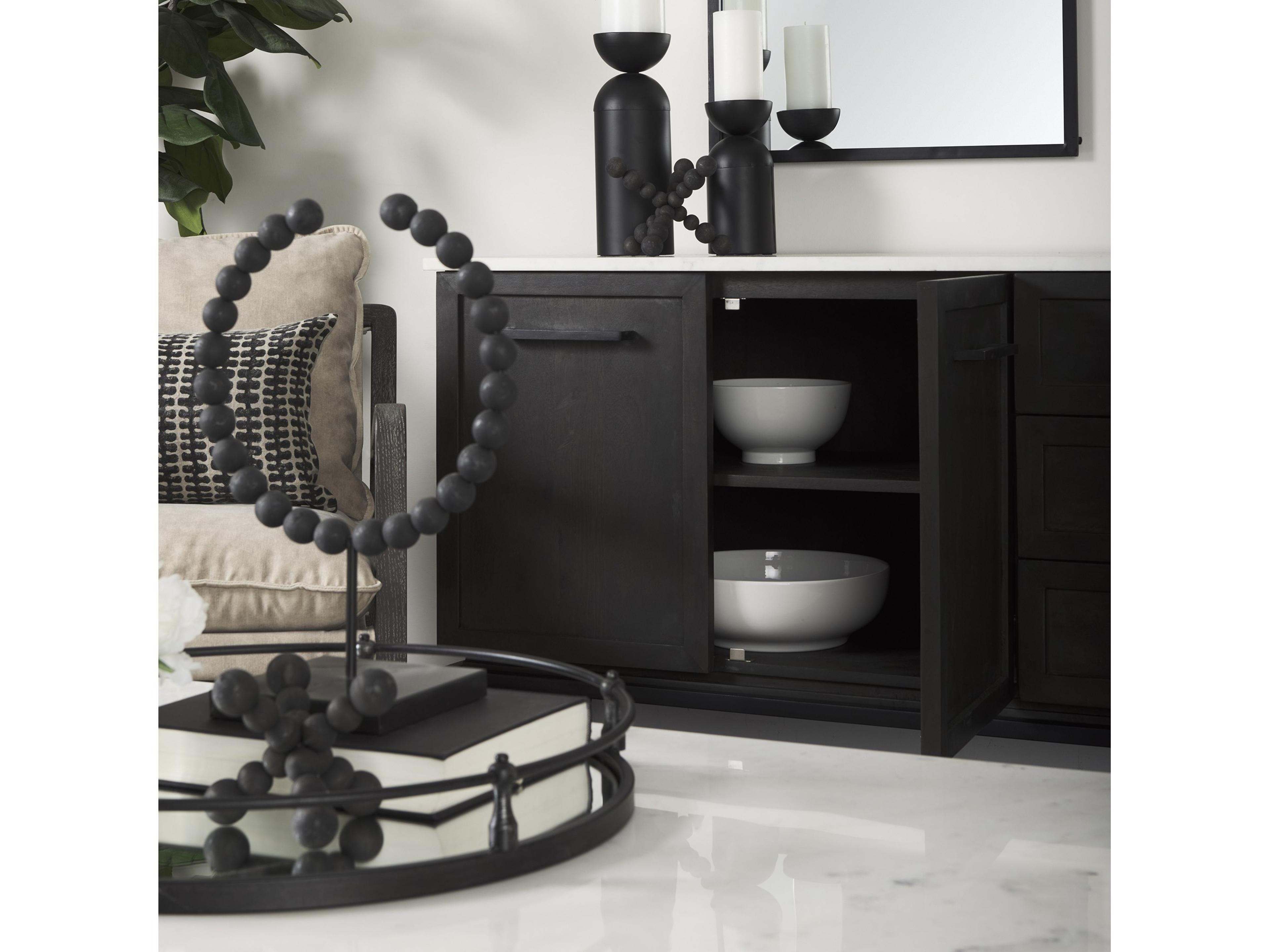 Mercana Divina Black-Brown Wood w/ White Marble Top and Black Metal Base Sideboard