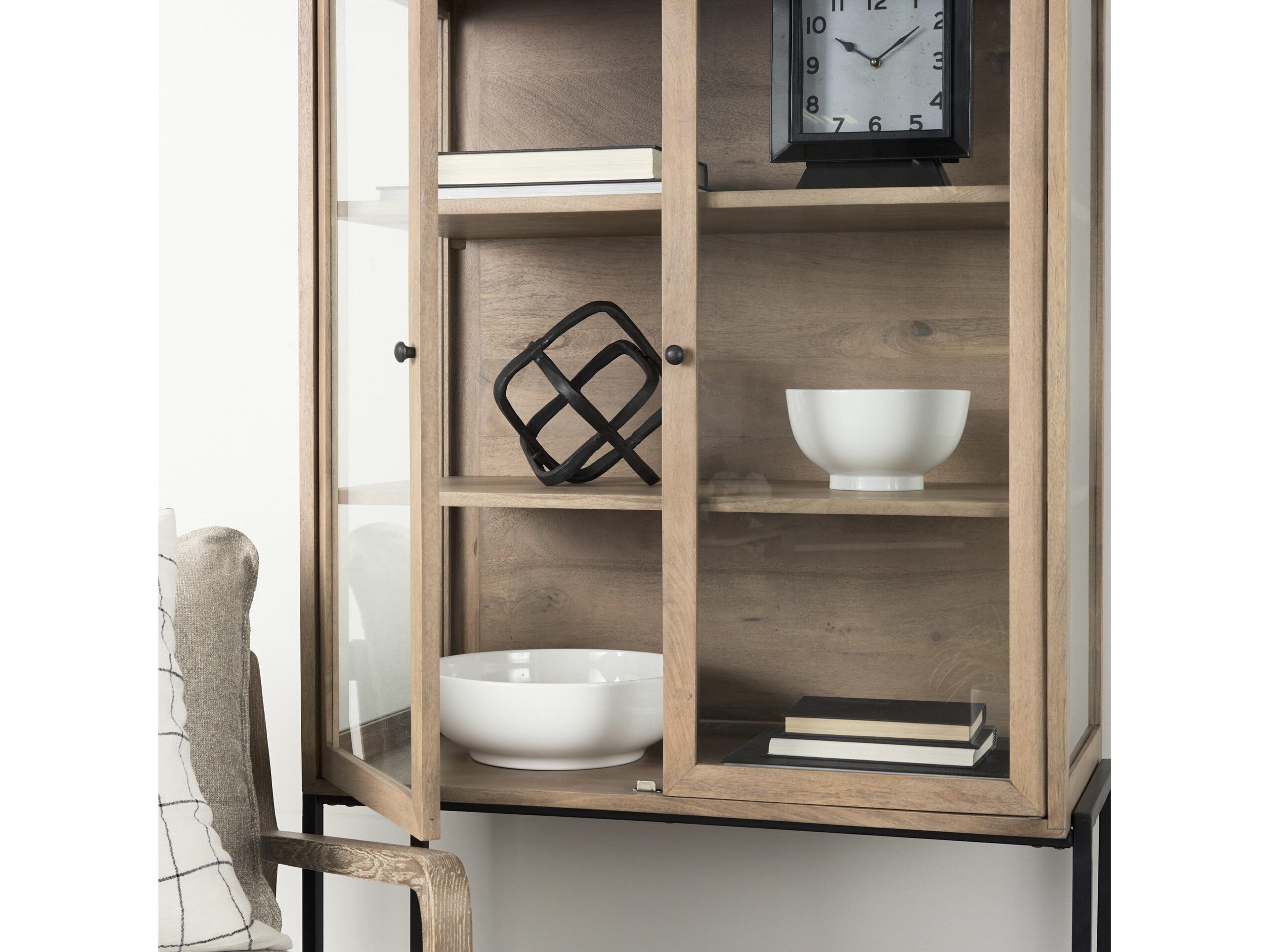 Mercana Arelius 36L x 18.75W x 63H Light Brown Wood W/ Black Metal Base Display Cabinet