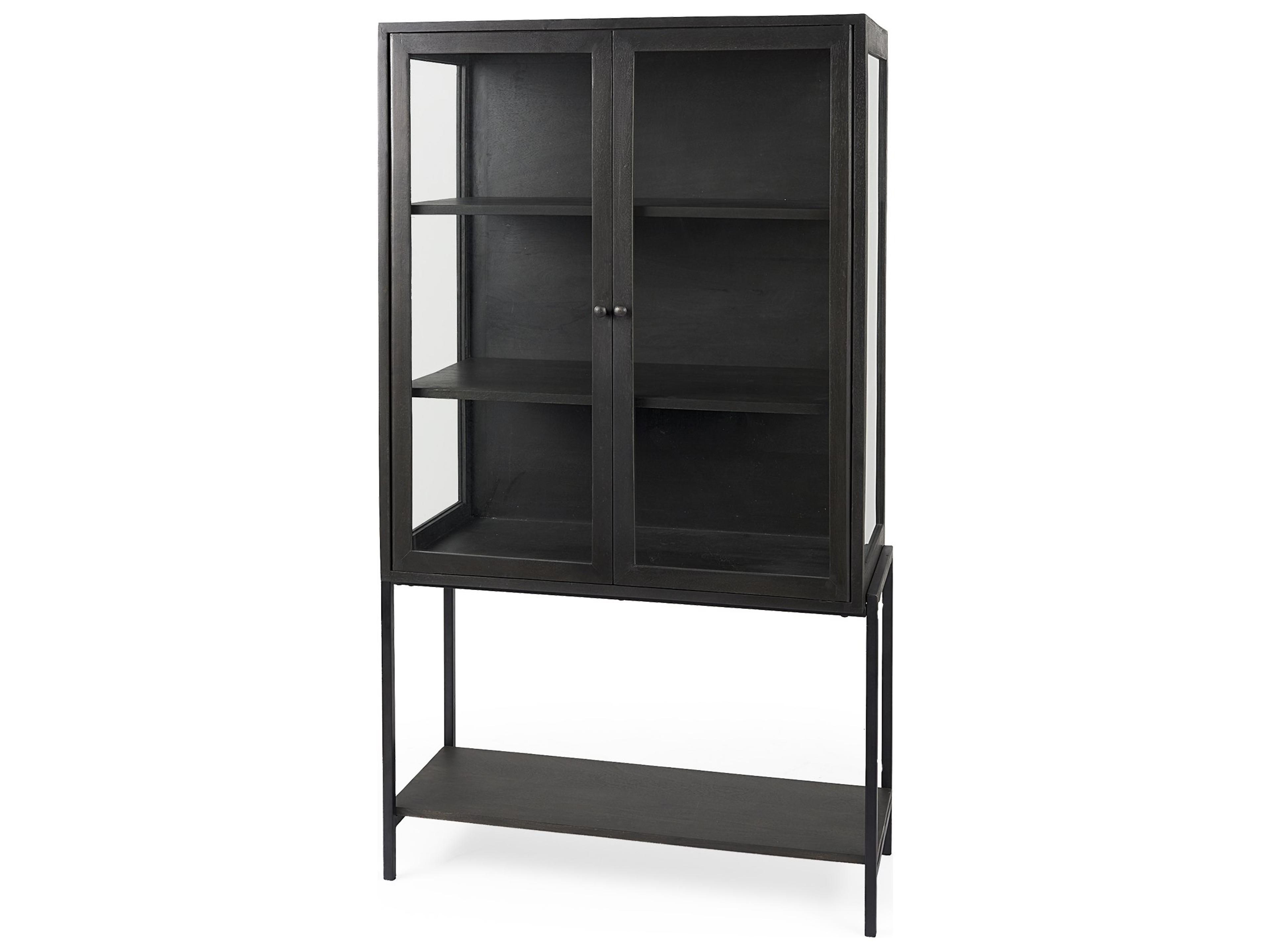 Arelius 36L x 18.75W x 63H Black-Brown Wood W/ Black Metal Base Display Cabinet