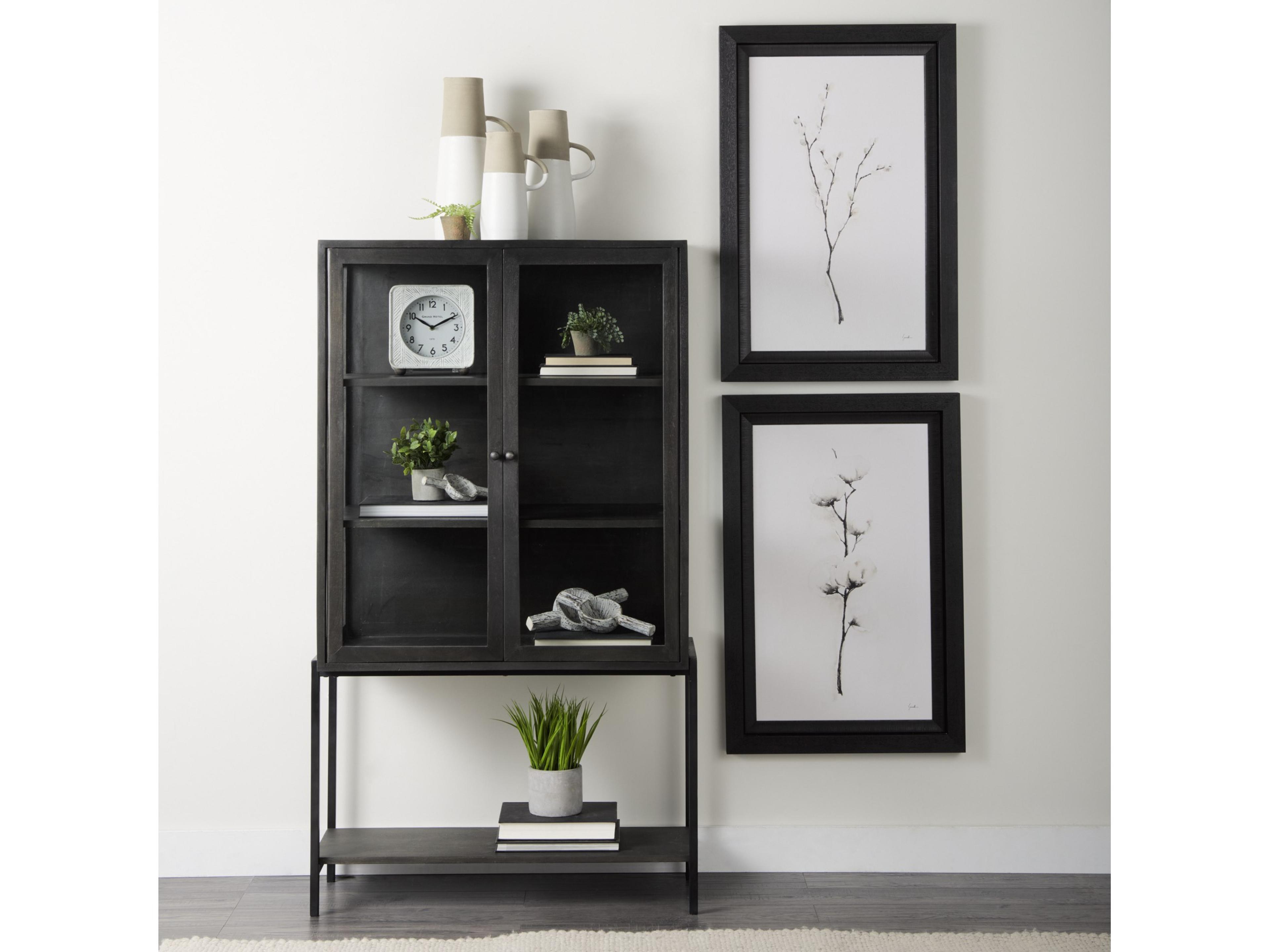 Mercana Arelius 36L x 18.75W x 63H Black-Brown Wood W/ Black Metal Base Display Cabinet