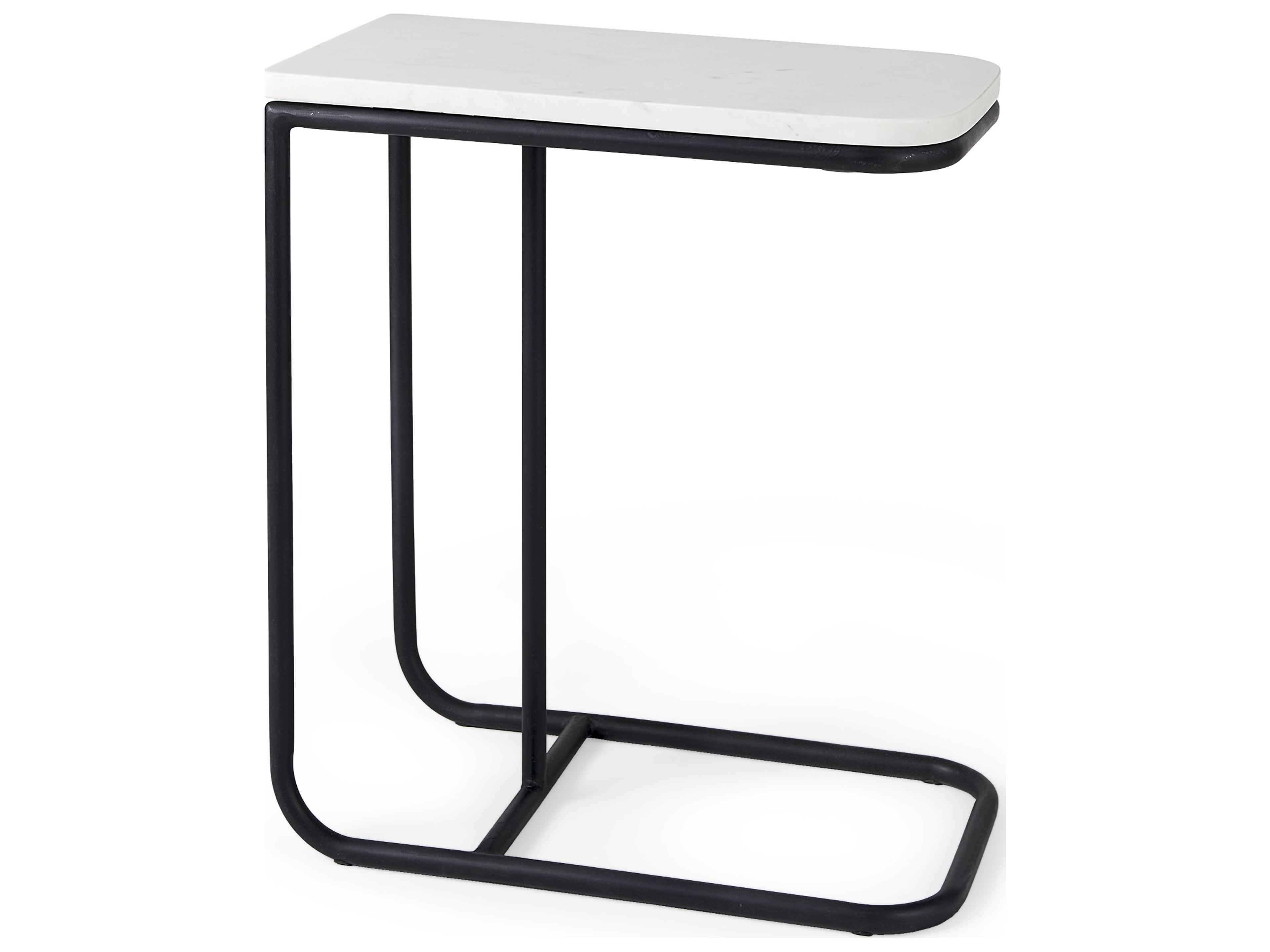 Kyra 12.0L x 20.0W x 23.0H White Marble Top W/Black Iron Frame C-Shaped End and Side Table
