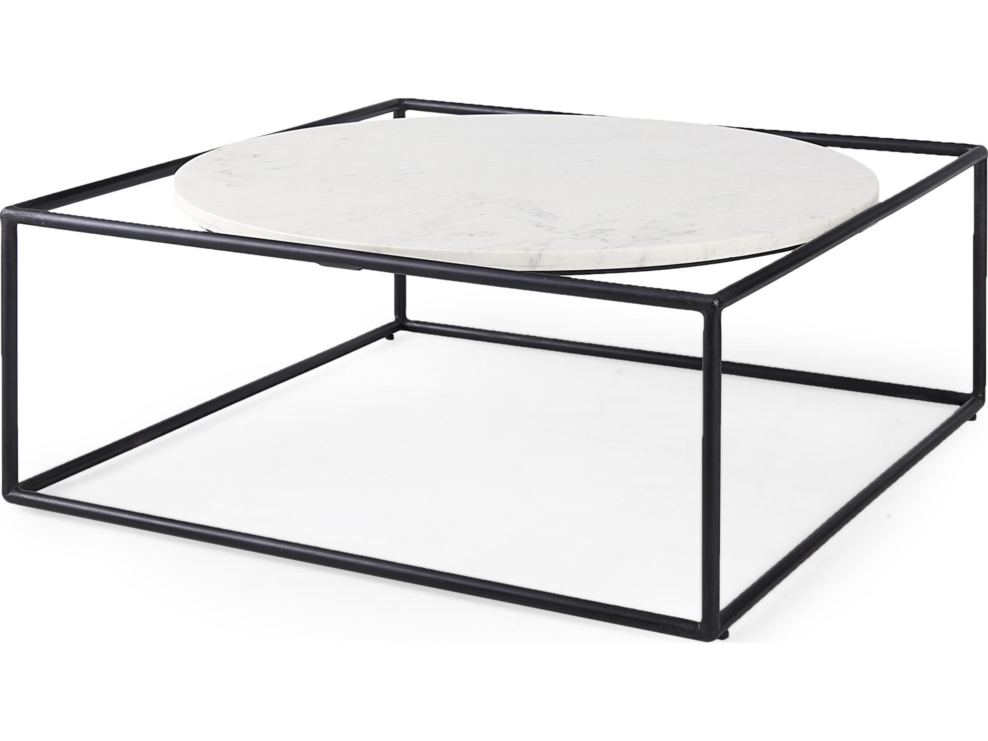 Austen 36L x 36W x 14.5H Round White Marble Top W/ Black Metal Frame Coffee Table