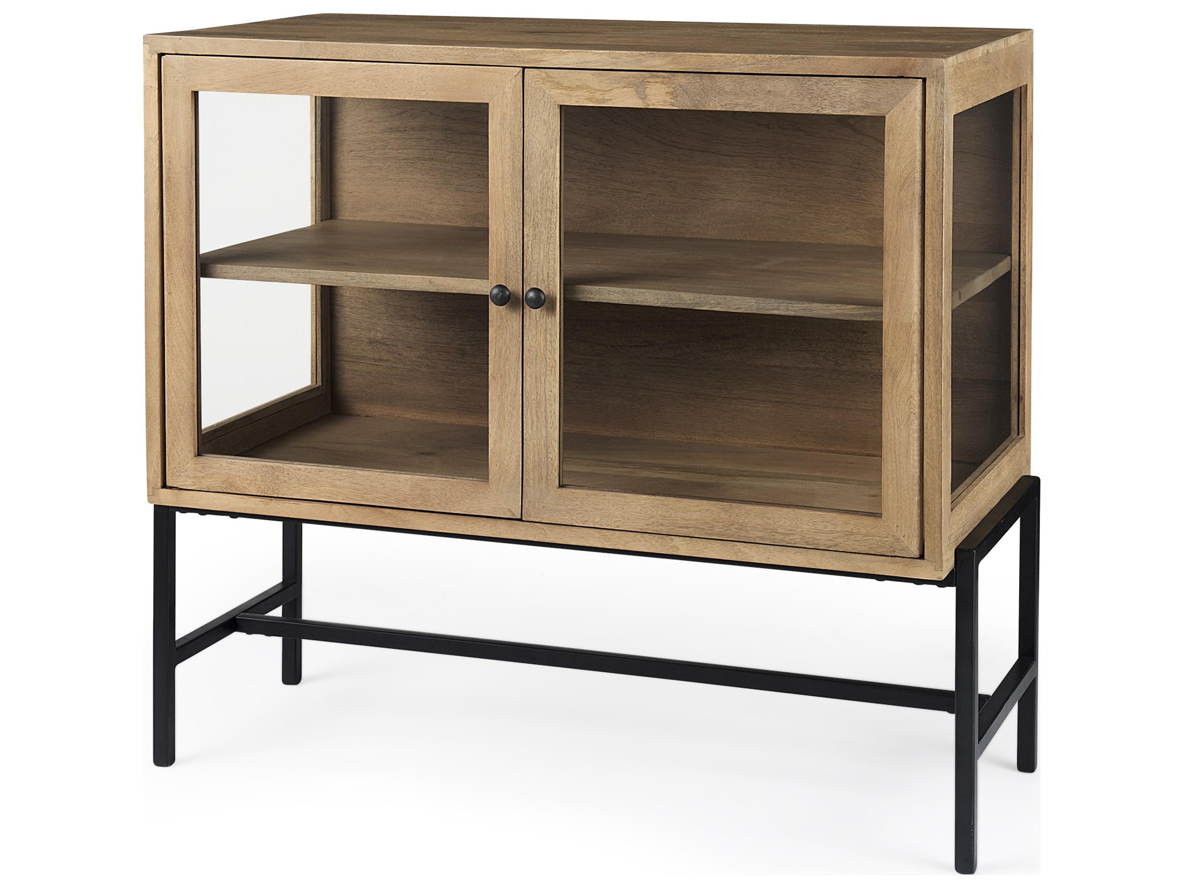 Arelius 36L x 18W x 32H Light Brown Wood, Black Metal Base w/ 2 Glass Doors Accent Cabinet