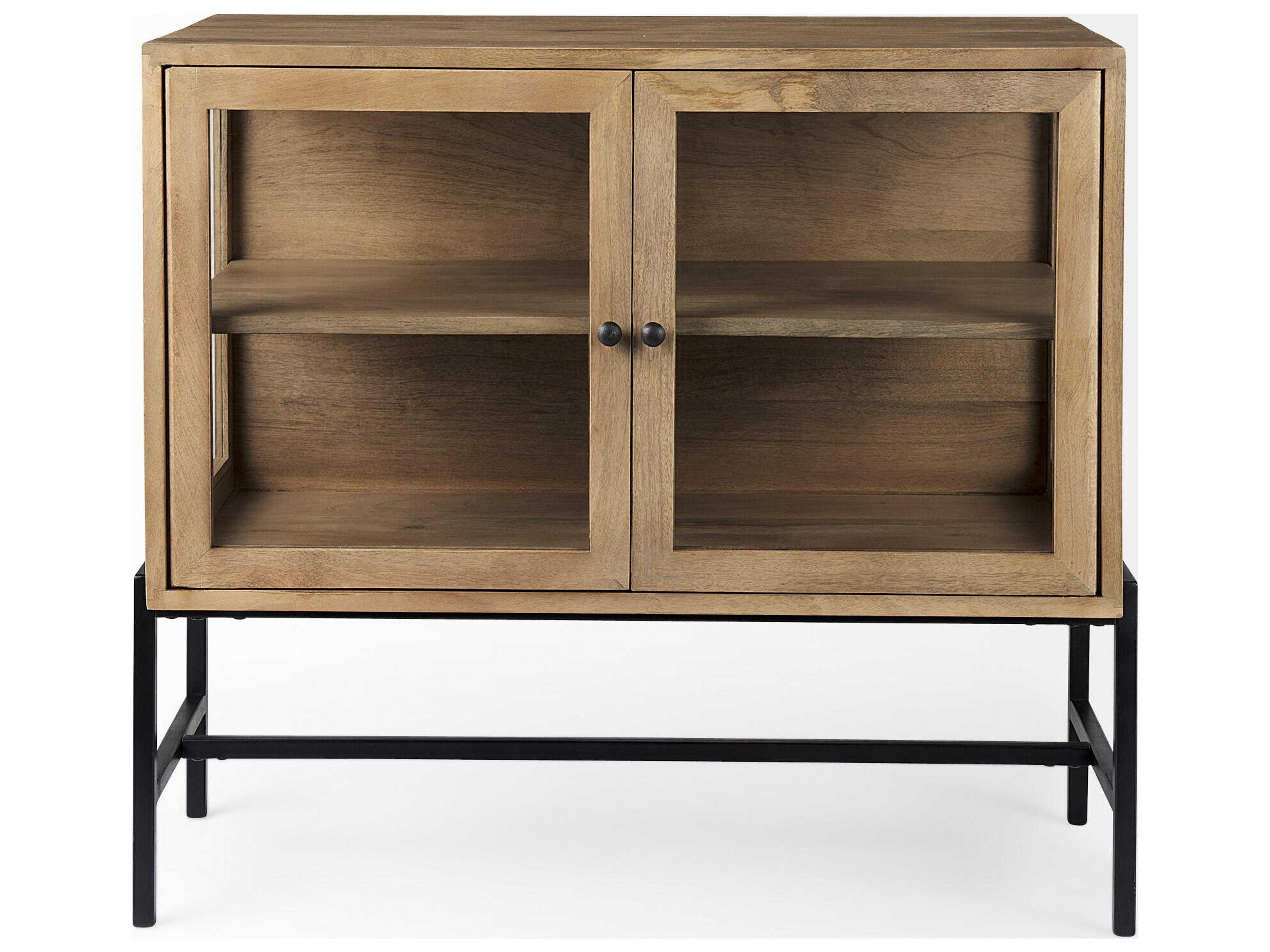 Mercana Arelius 36L x 18W x 32H Light Brown Wood, Black Metal Base w/ 2 Glass Doors Accent Cabinet
