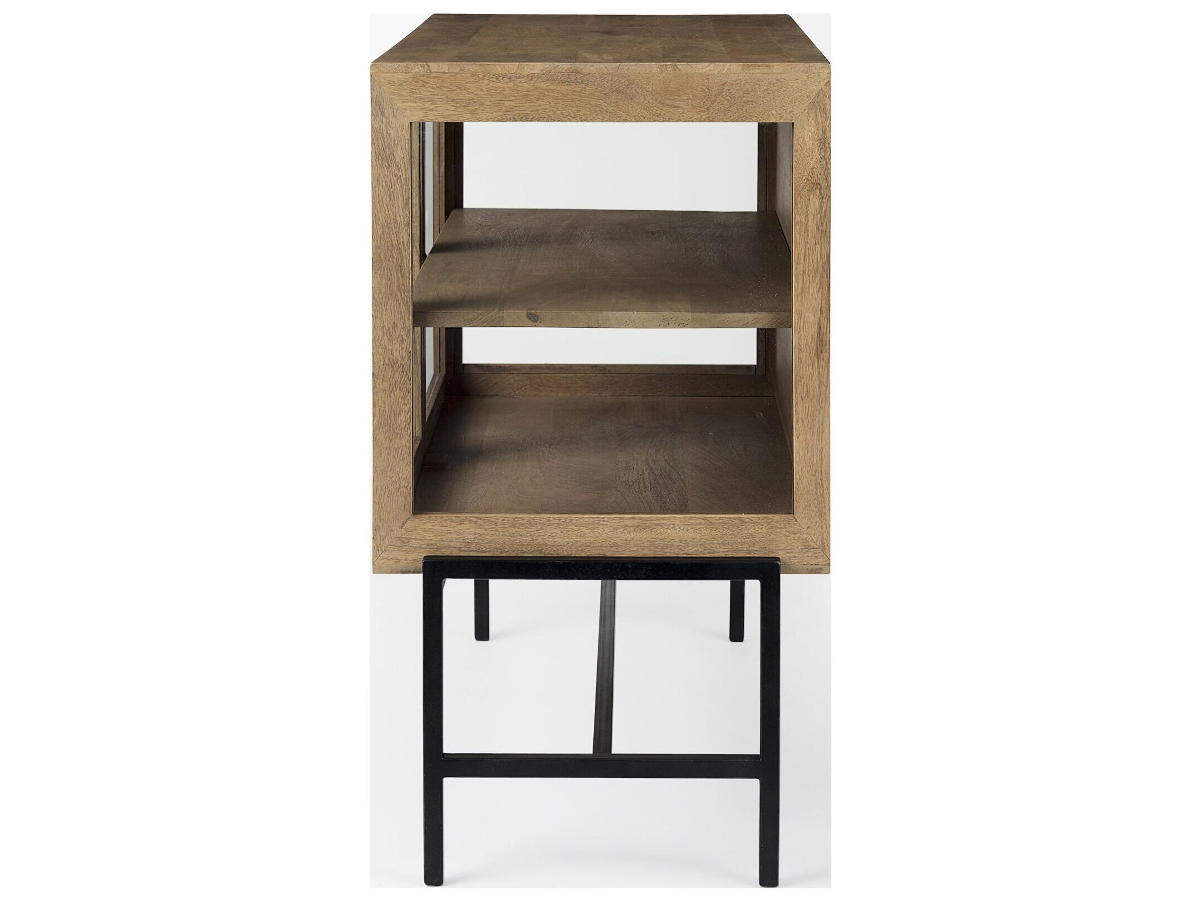 Mercana Arelius 36L x 18W x 32H Light Brown Wood, Black Metal Base w/ 2 Glass Doors Accent Cabinet