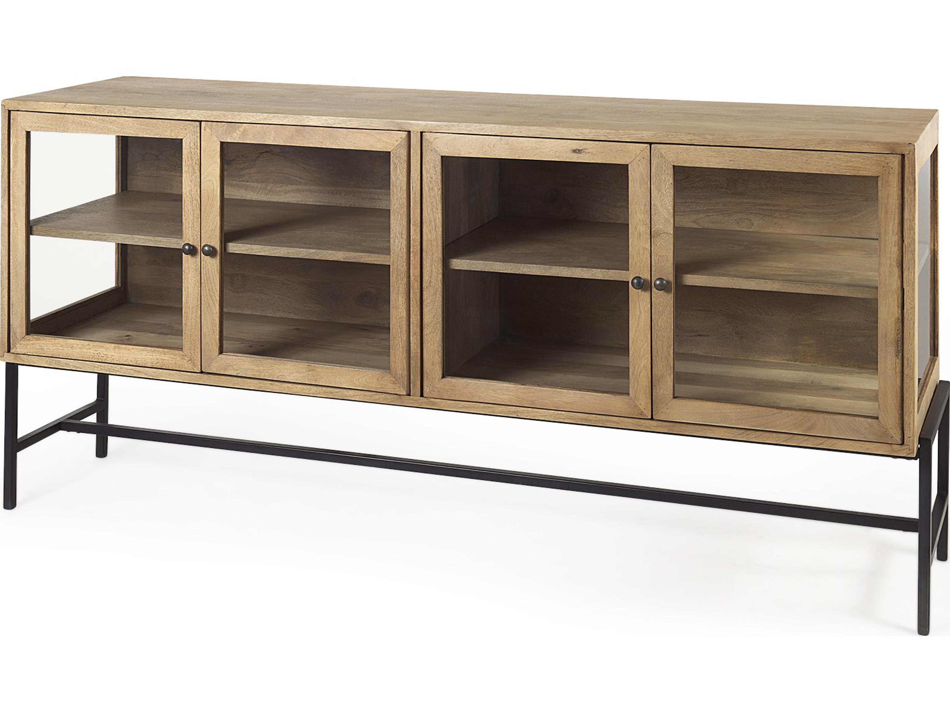 Arelius 70L x 18.75W x 32H Light Brown Wood, Black Metal Base w/ 4 Glass Cabinet Doors Sideboard