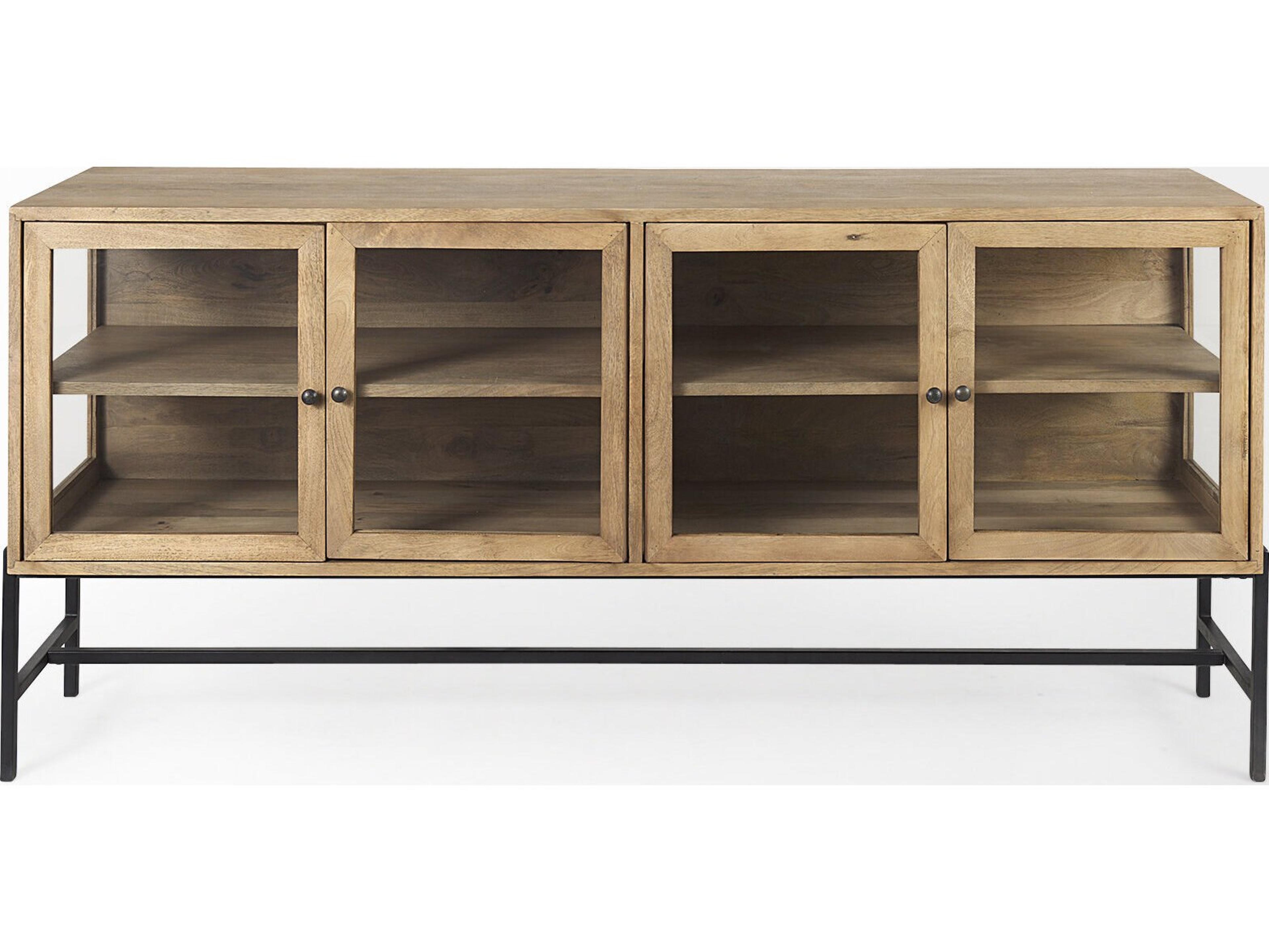 Mercana Arelius 70L x 18.75W x 32H Light Brown Wood, Black Metal Base w/ 4 Glass Cabinet Doors Sideboard