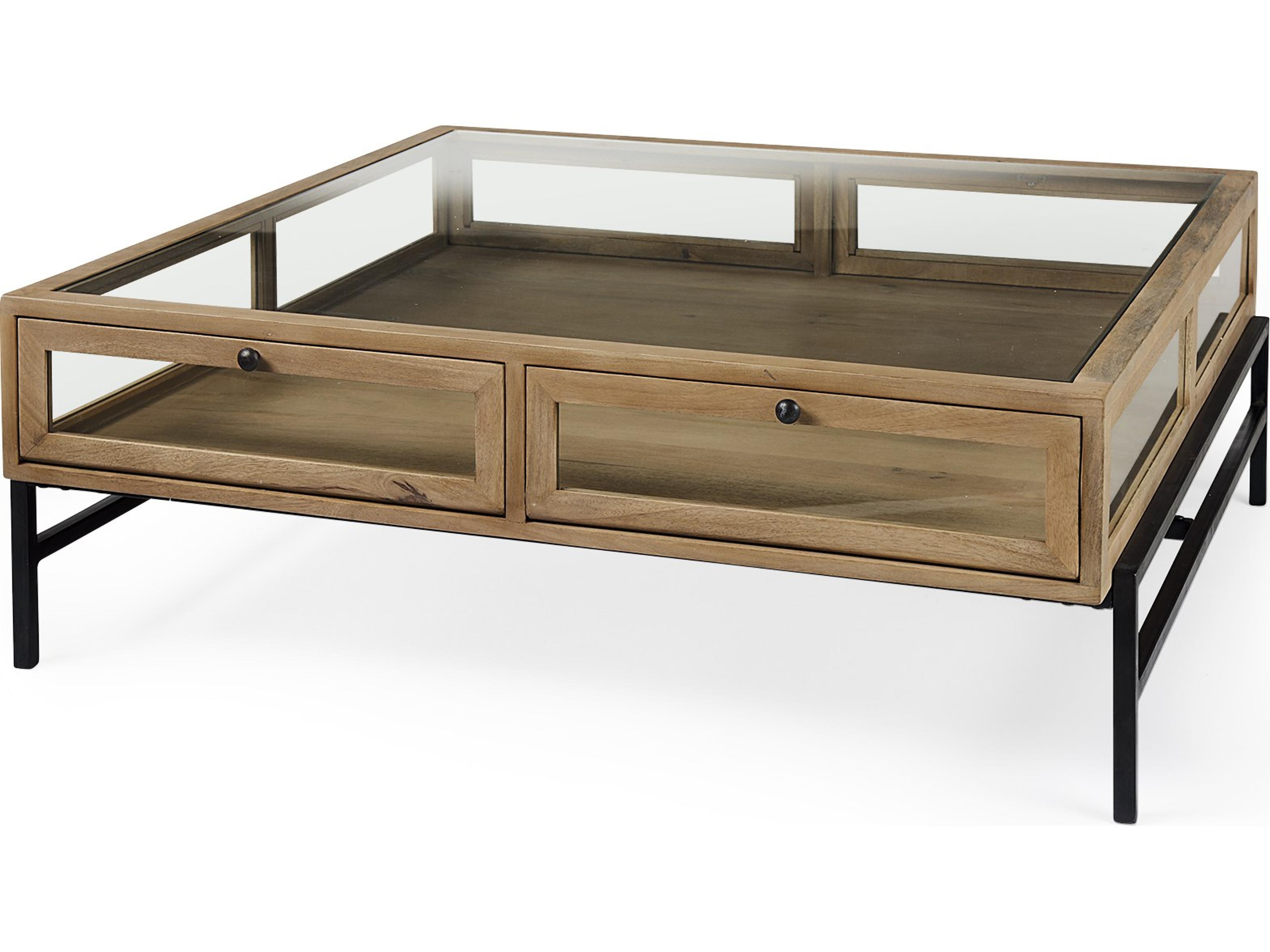 Arelius 42" Square Glass-Top Light Brown w/ Black Metal Base Display Coffee Table