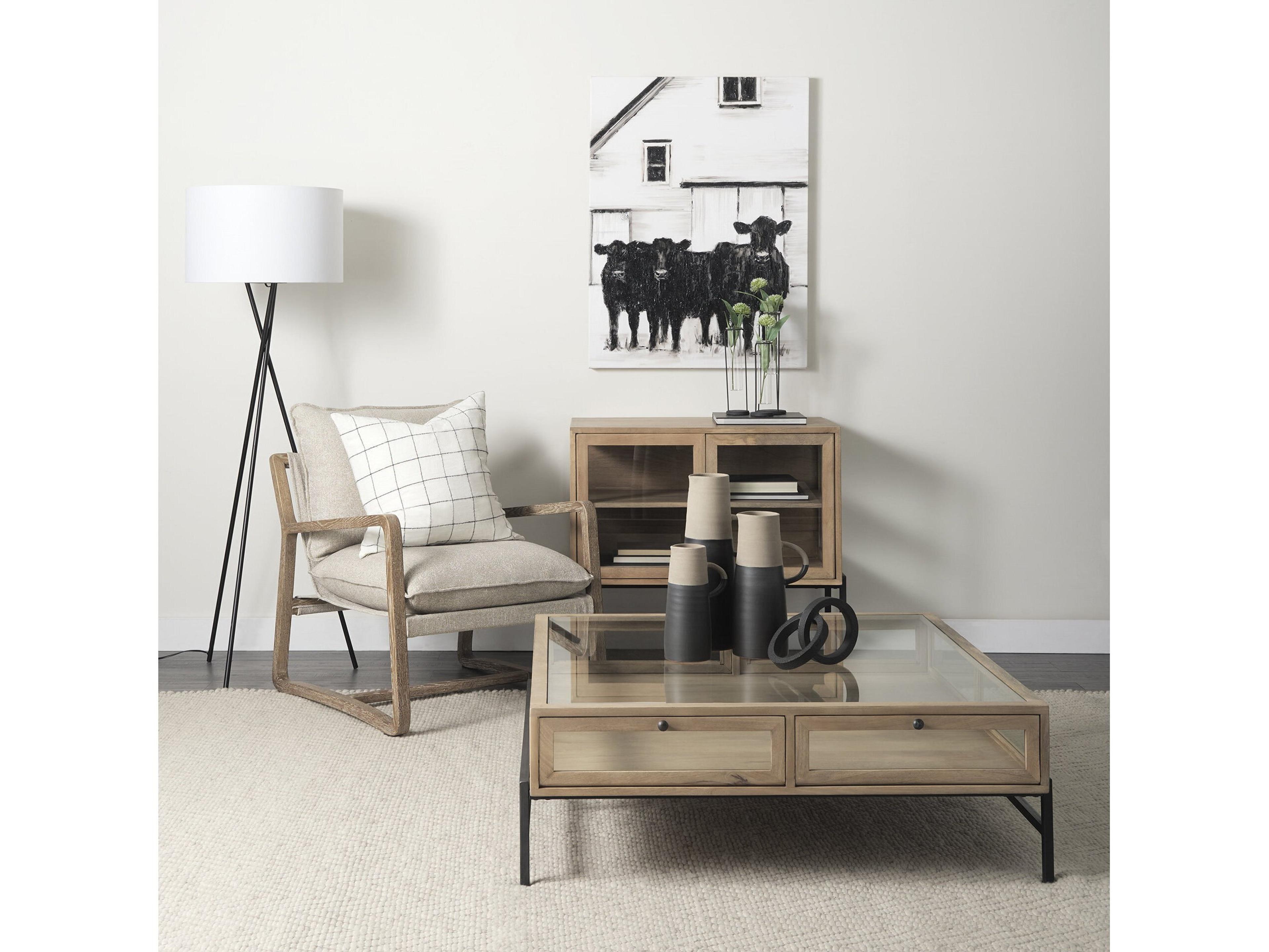 Mercana Arelius 42" Square Glass-Top Light Brown w/ Black Metal Base Display Coffee Table