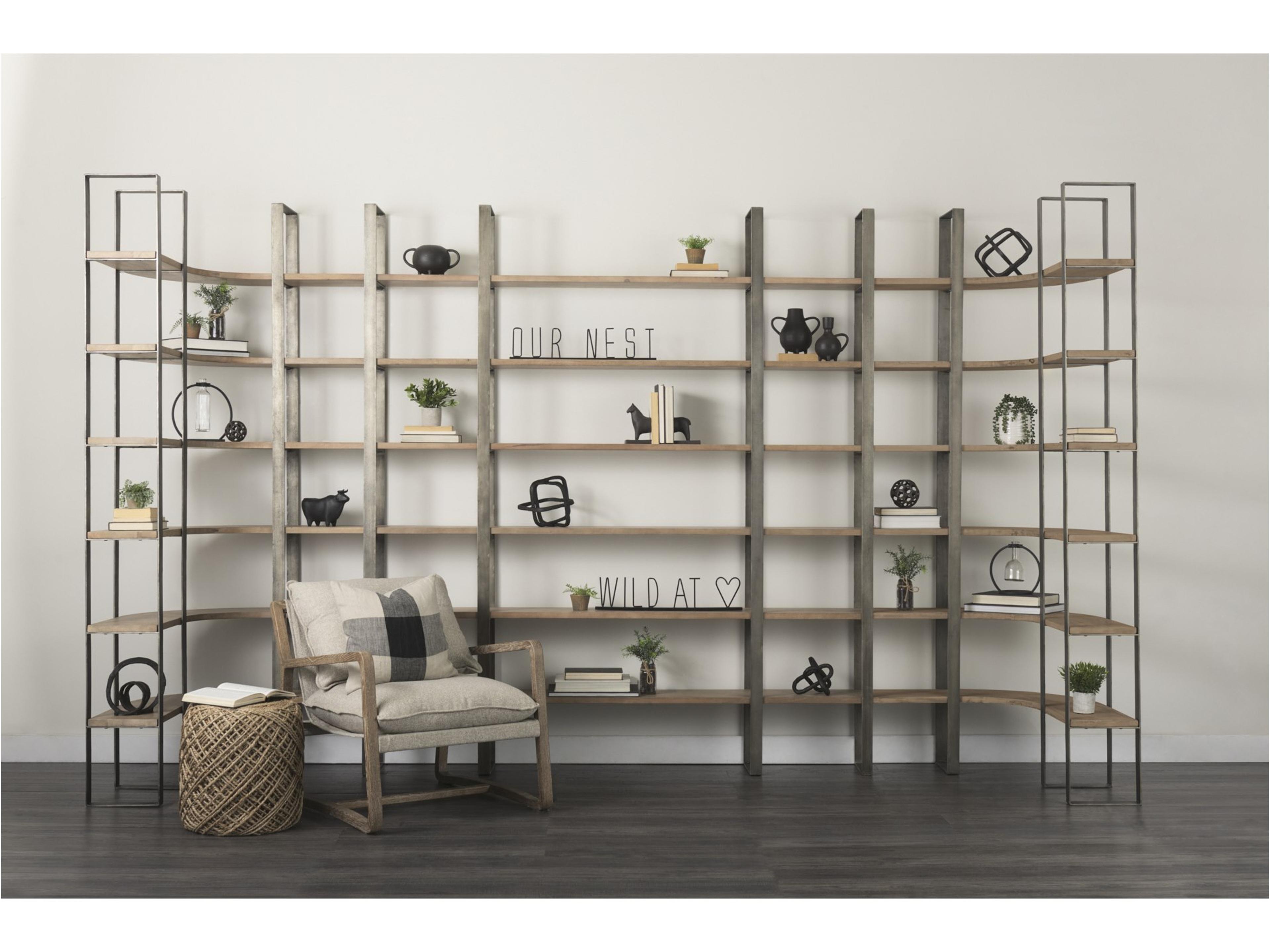 Mercana Taunton 80L x 10.5W x 90H Medium Brown Wood W/ Antique Nickel Metal Frame 6 Tier Shelving Unit