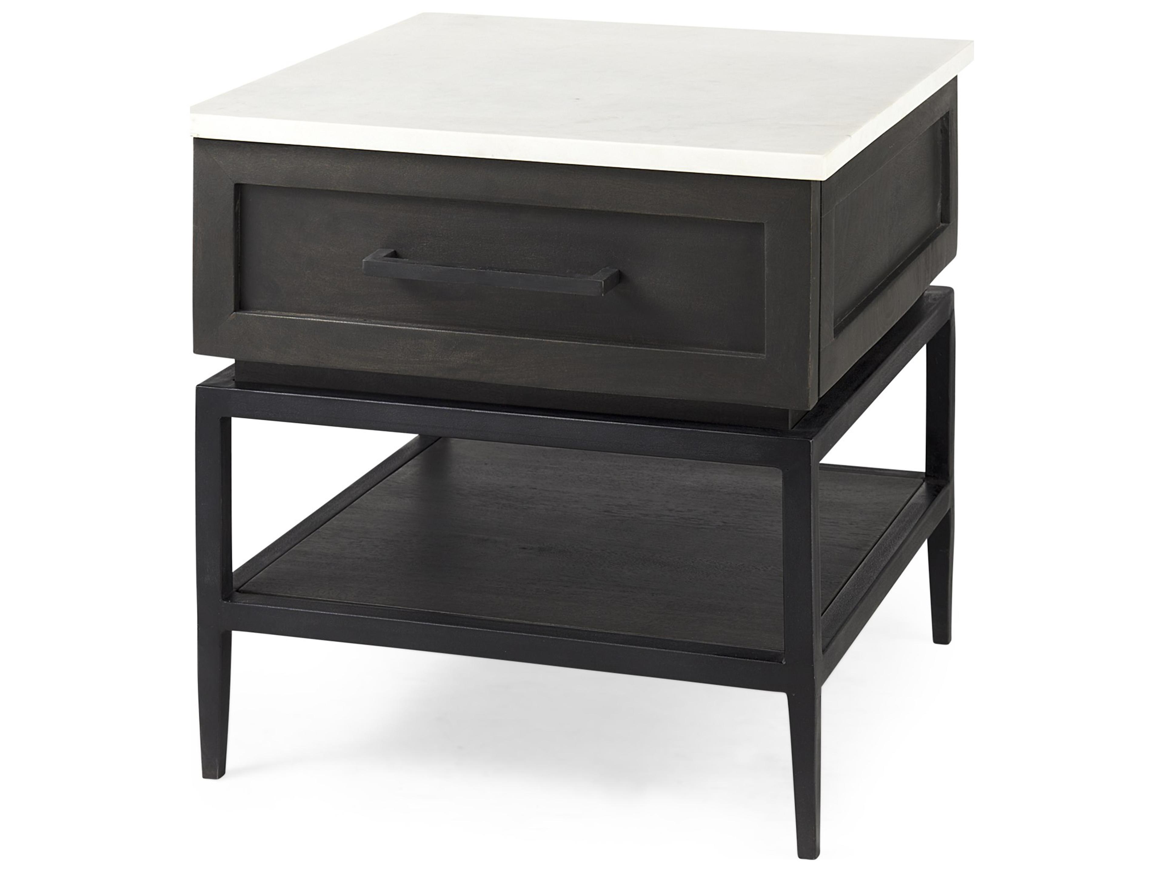 Divina Black-Brown Wood w/ White Marble Top and Black Metal Base 1 Drawer Side Table