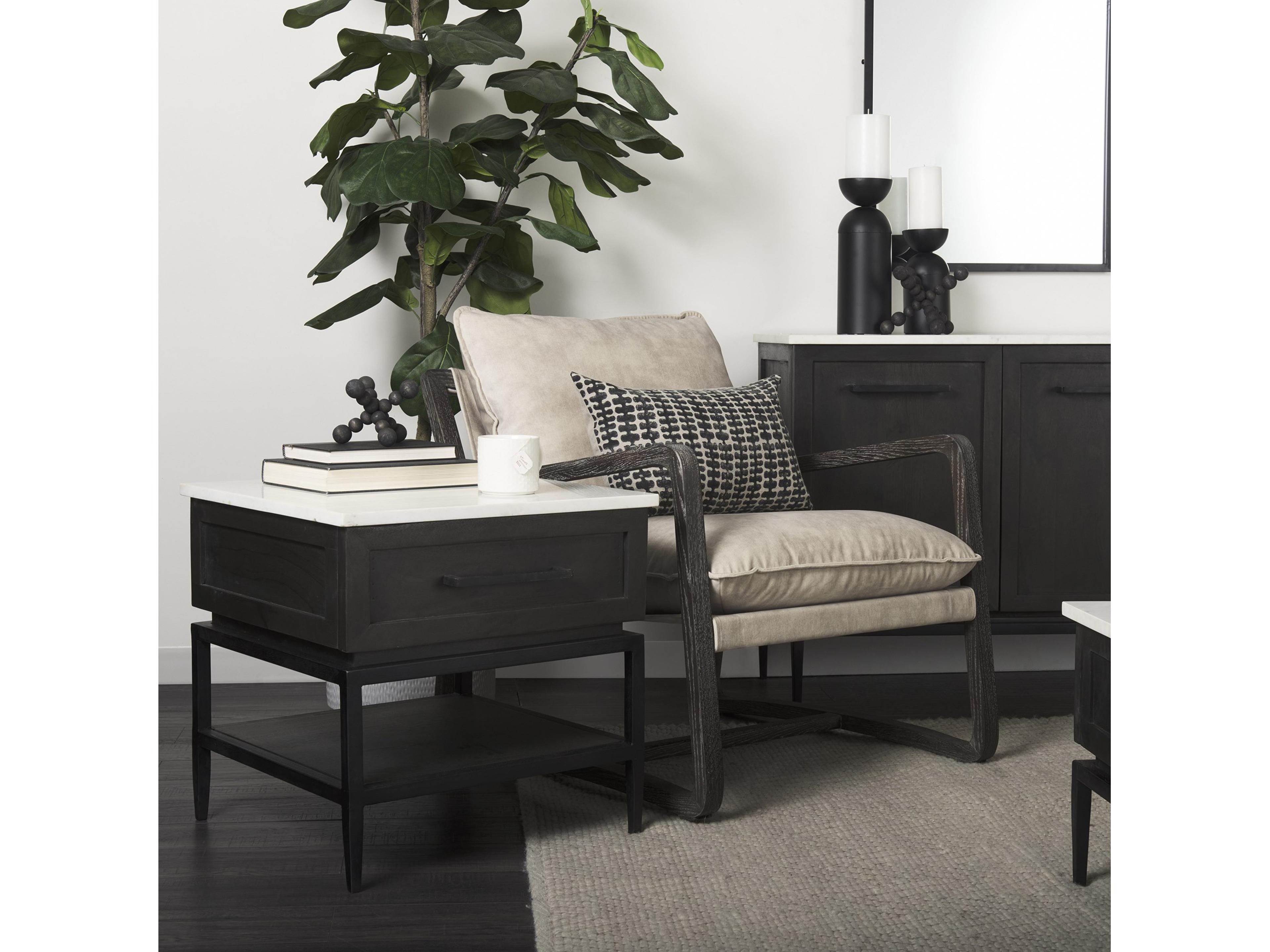 Mercana Divina Black-Brown Wood w/ White Marble Top and Black Metal Base 1 Drawer Side Table