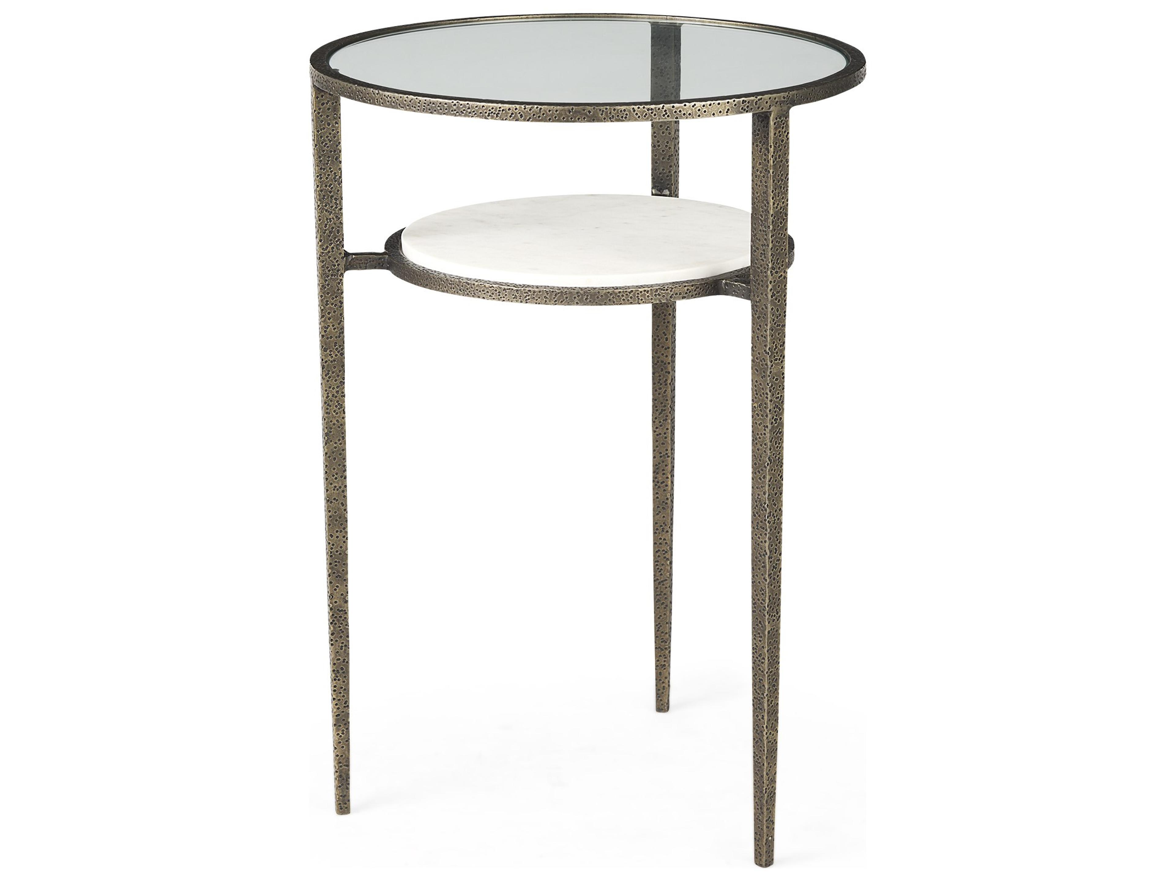 Felicity 15.8L X 15.8W X 22.5H Glass Top W/ White Marble Shelf and Antique Gold Base End/Side Table
