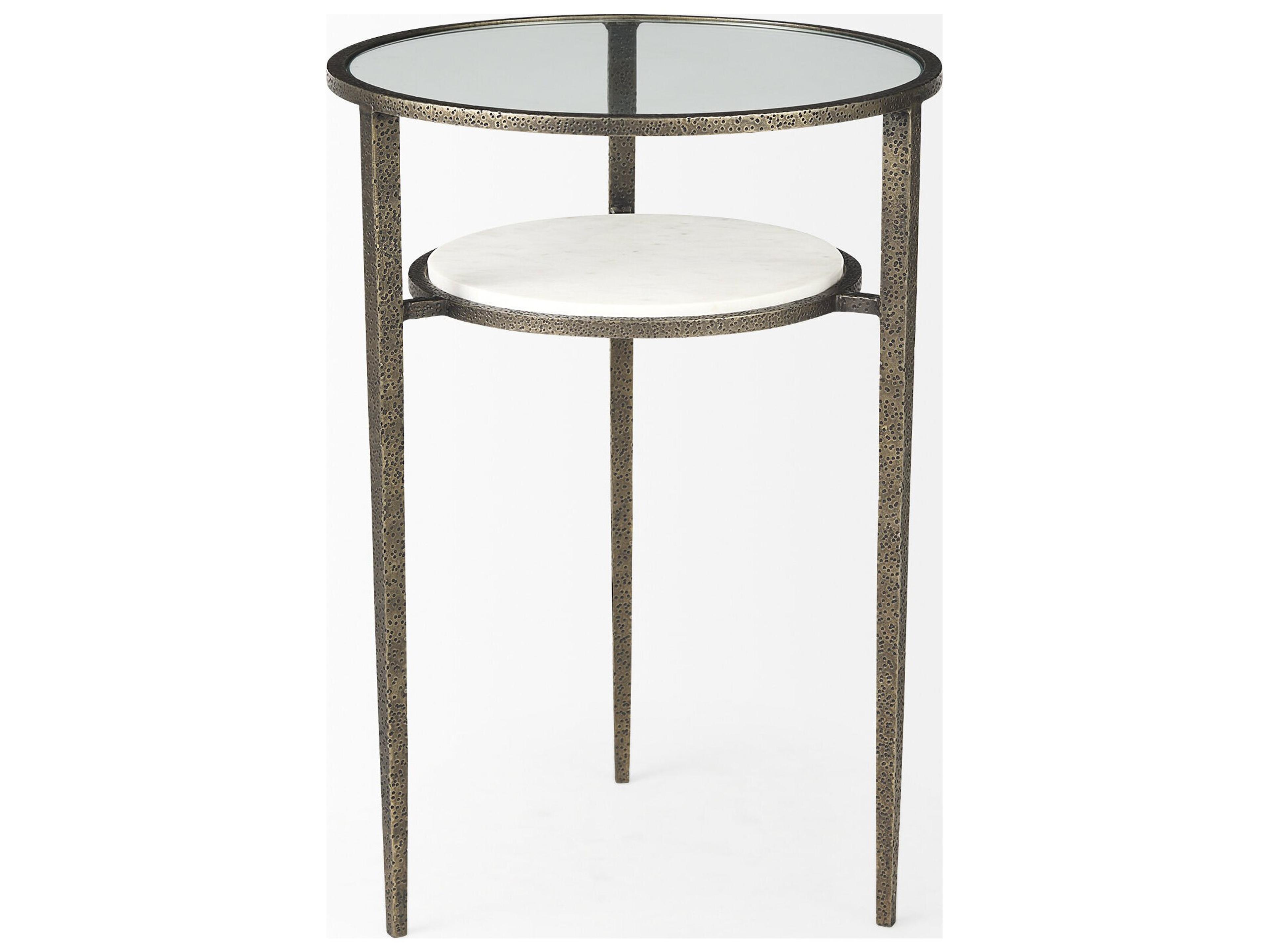 Mercana Felicity 15.8L X 15.8W X 22.5H Glass Top W/ White Marble Shelf and Antique Gold Base End/Side Table