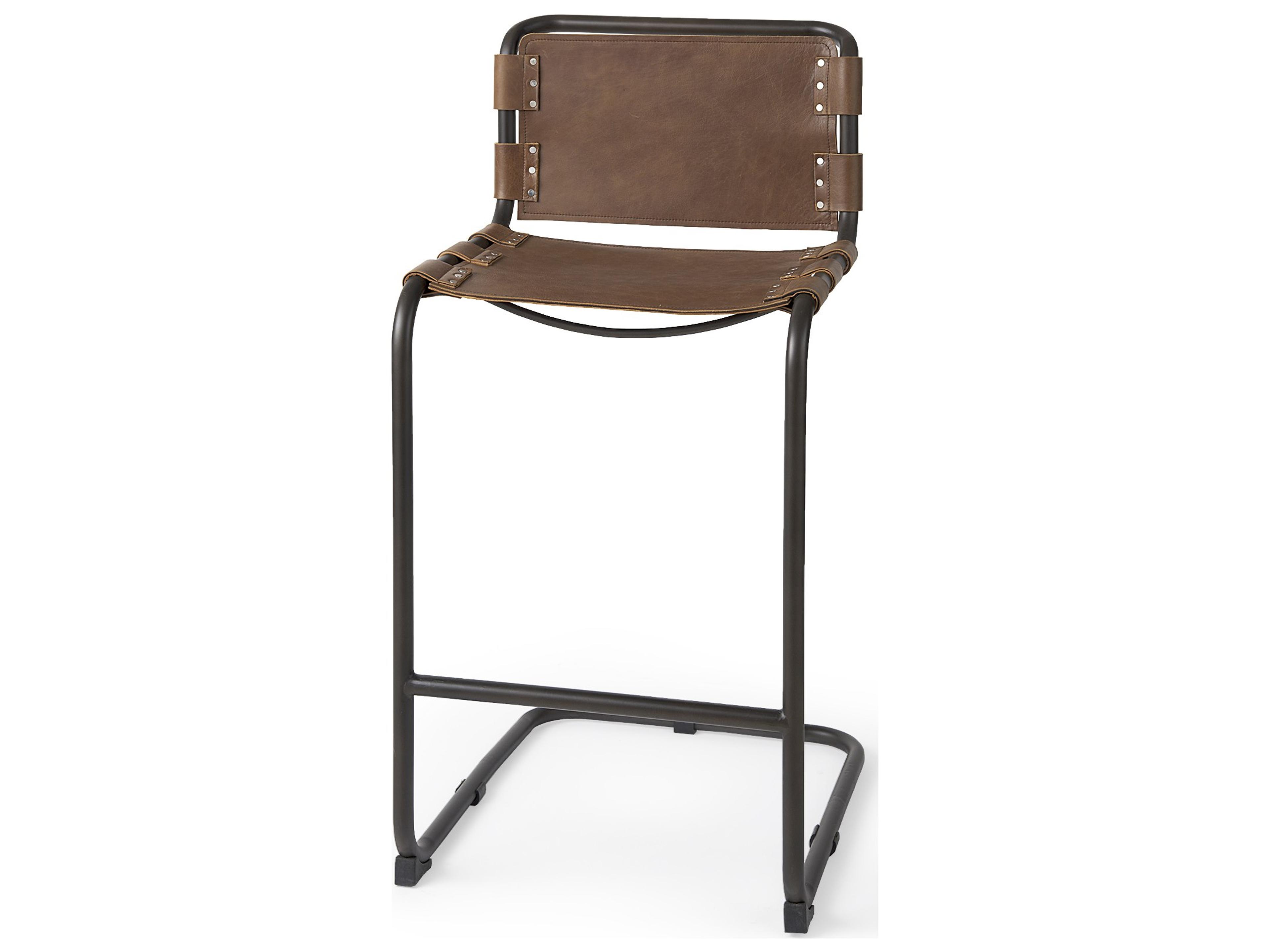 Berbick 43" Total Height Medium Brown Leather w/ Iron Frame Bar Stool