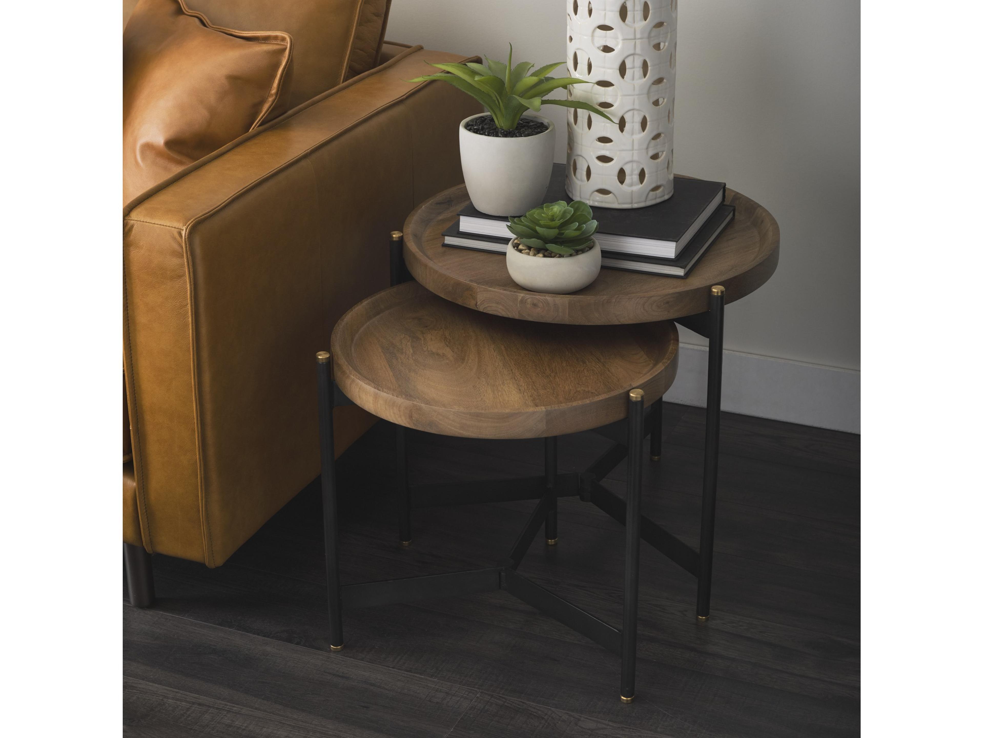 Mercana Marquisa (Set of 2) 22.5L x 22.5W x 20.8H Light Brown Wood W/ Black Metal Base Nesting Side Tables