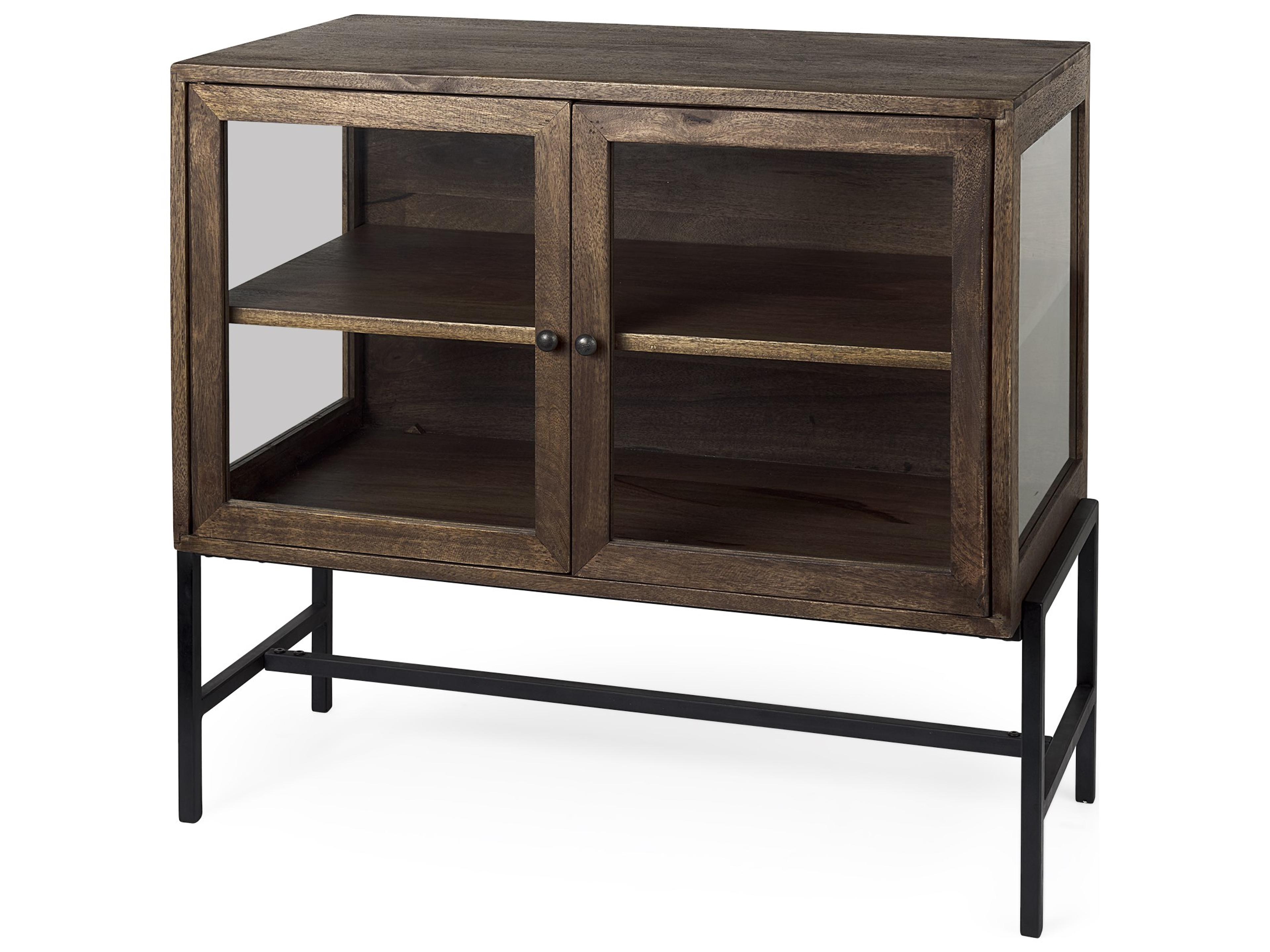 Arelius 36L x 18W x 32H Medium Brown Wood, Black Metal Base w/ 2 Glass Doors Accent Cabinet