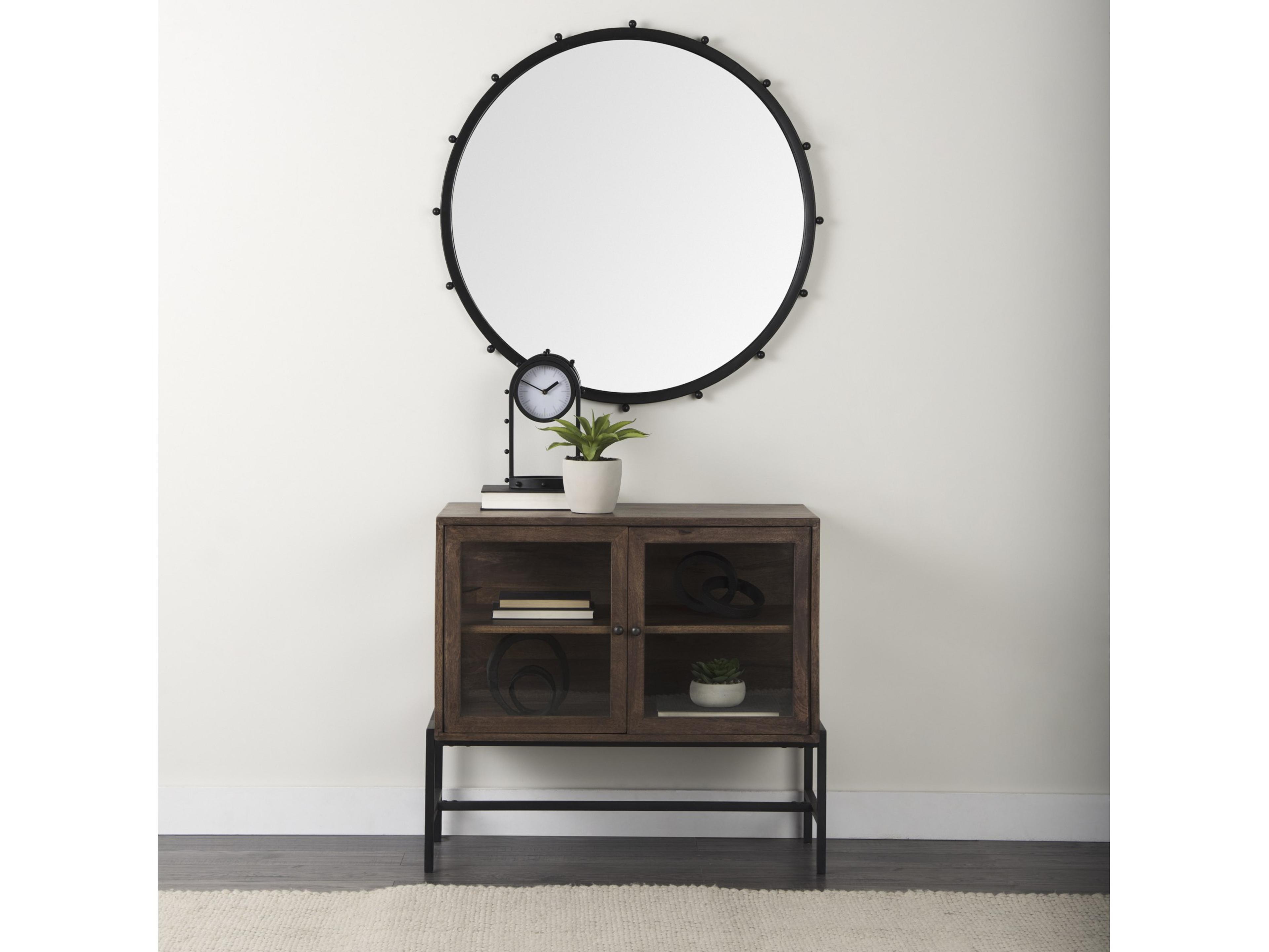 Mercana Arelius 36L x 18W x 32H Medium Brown Wood, Black Metal Base w/ 2 Glass Doors Accent Cabinet