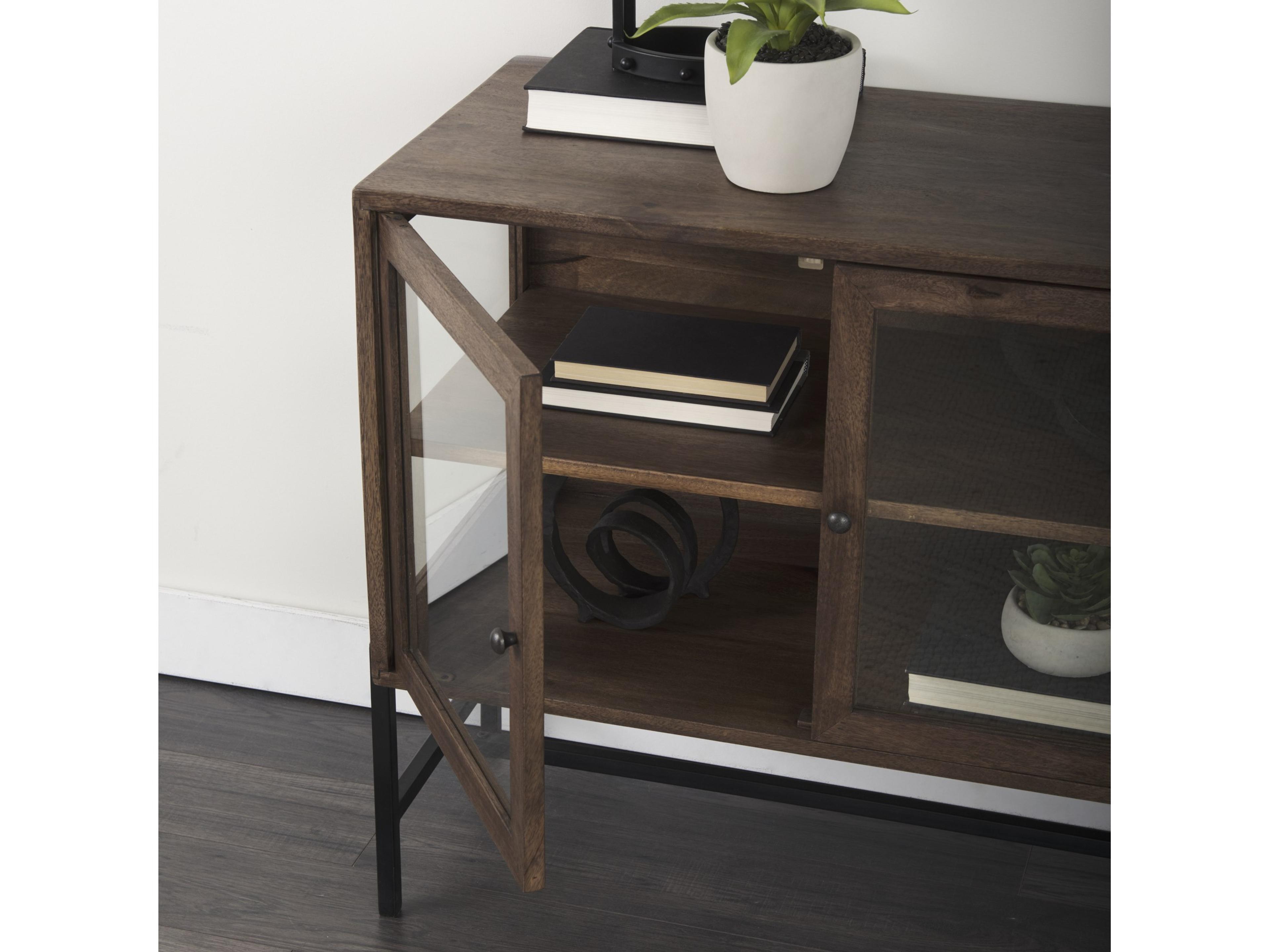 Mercana Arelius 36L x 18W x 32H Medium Brown Wood, Black Metal Base w/ 2 Glass Doors Accent Cabinet
