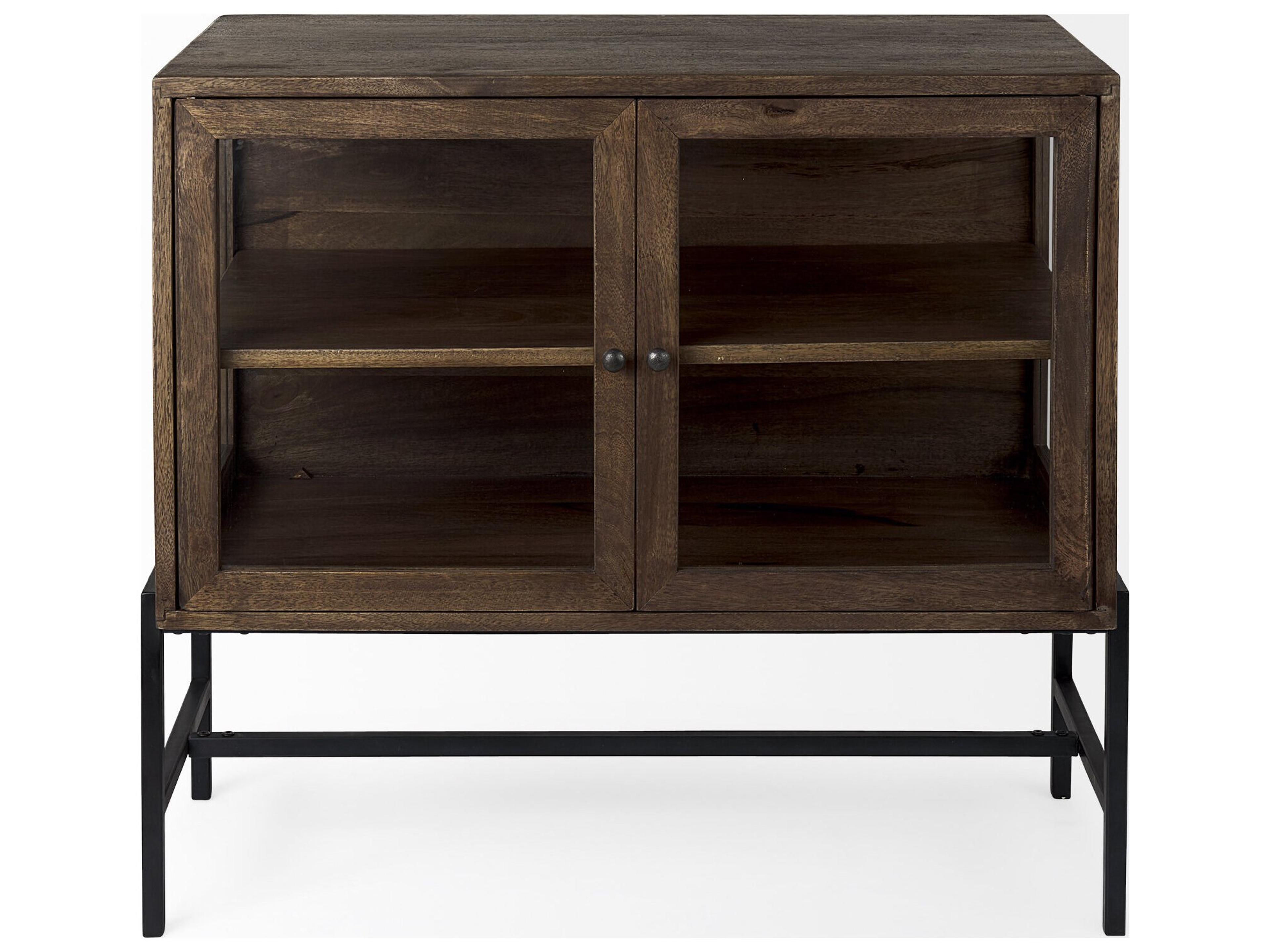 Mercana Arelius 36L x 18W x 32H Medium Brown Wood, Black Metal Base w/ 2 Glass Doors Accent Cabinet