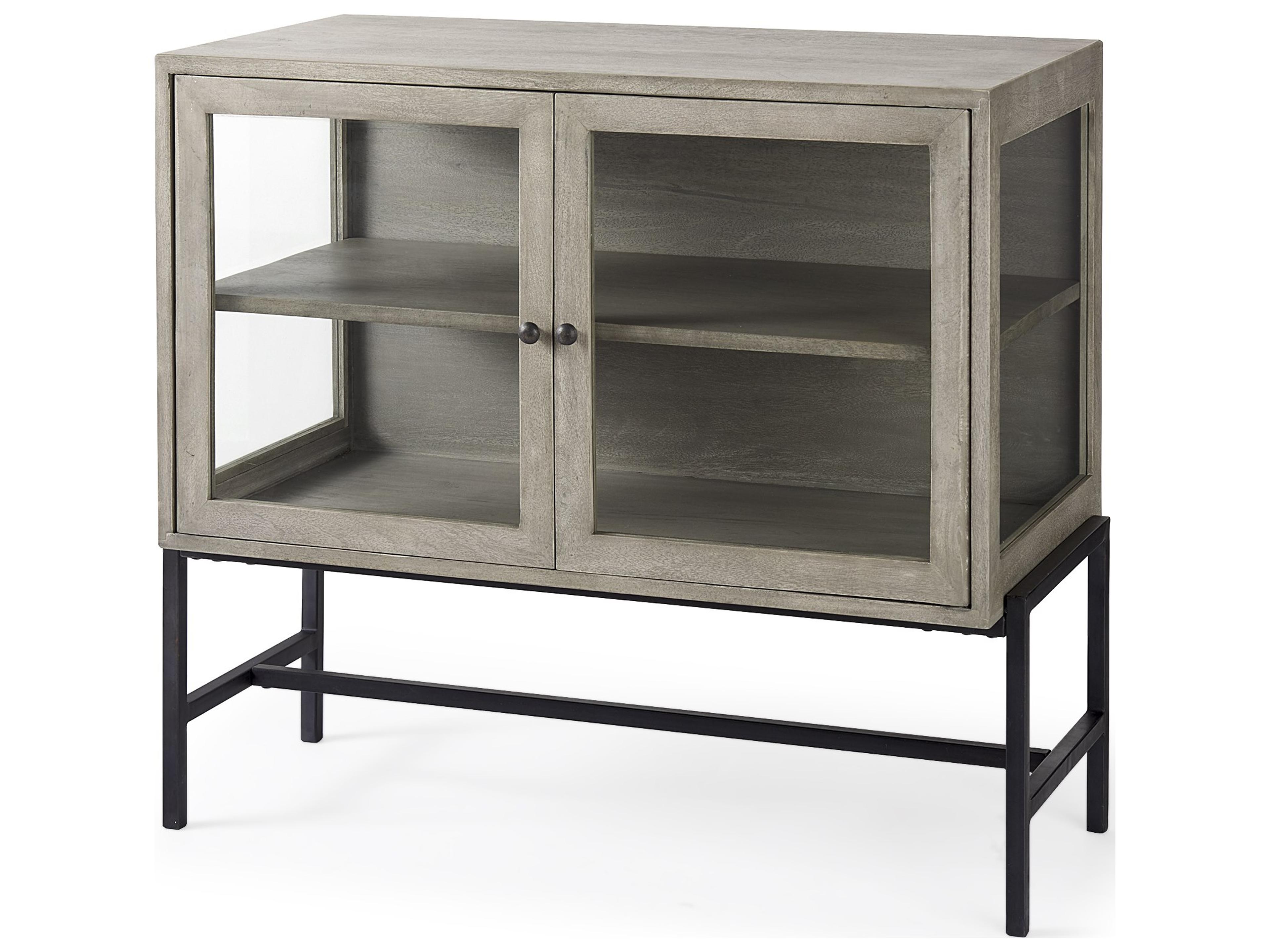 Arelius 36L x 18W x 32H Gray Wood, Black Metal Base w/ 2 Glass Doors Accent Cabinet