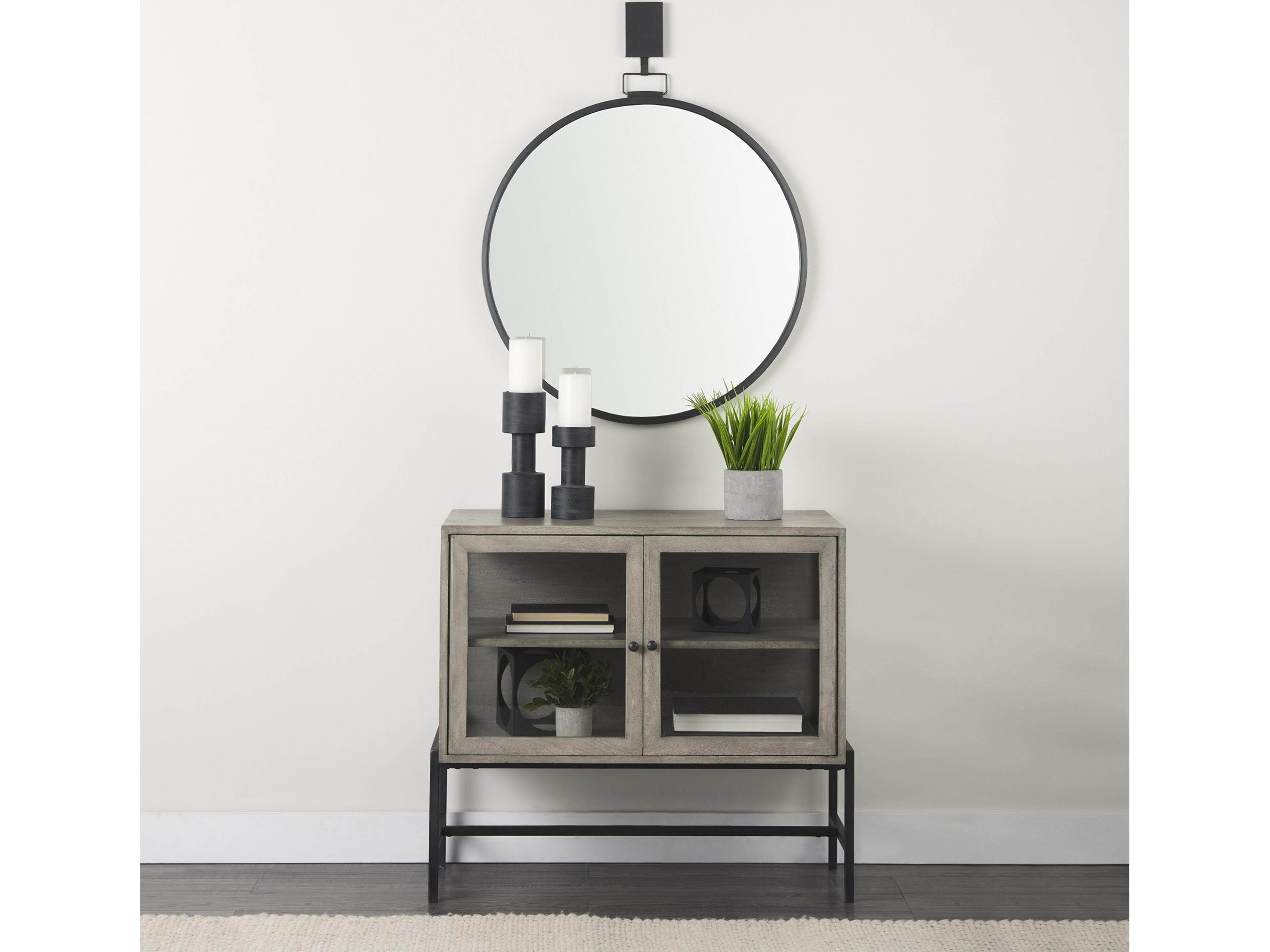 Mercana Arelius 36L x 18W x 32H Gray Wood, Black Metal Base w/ 2 Glass Doors Accent Cabinet