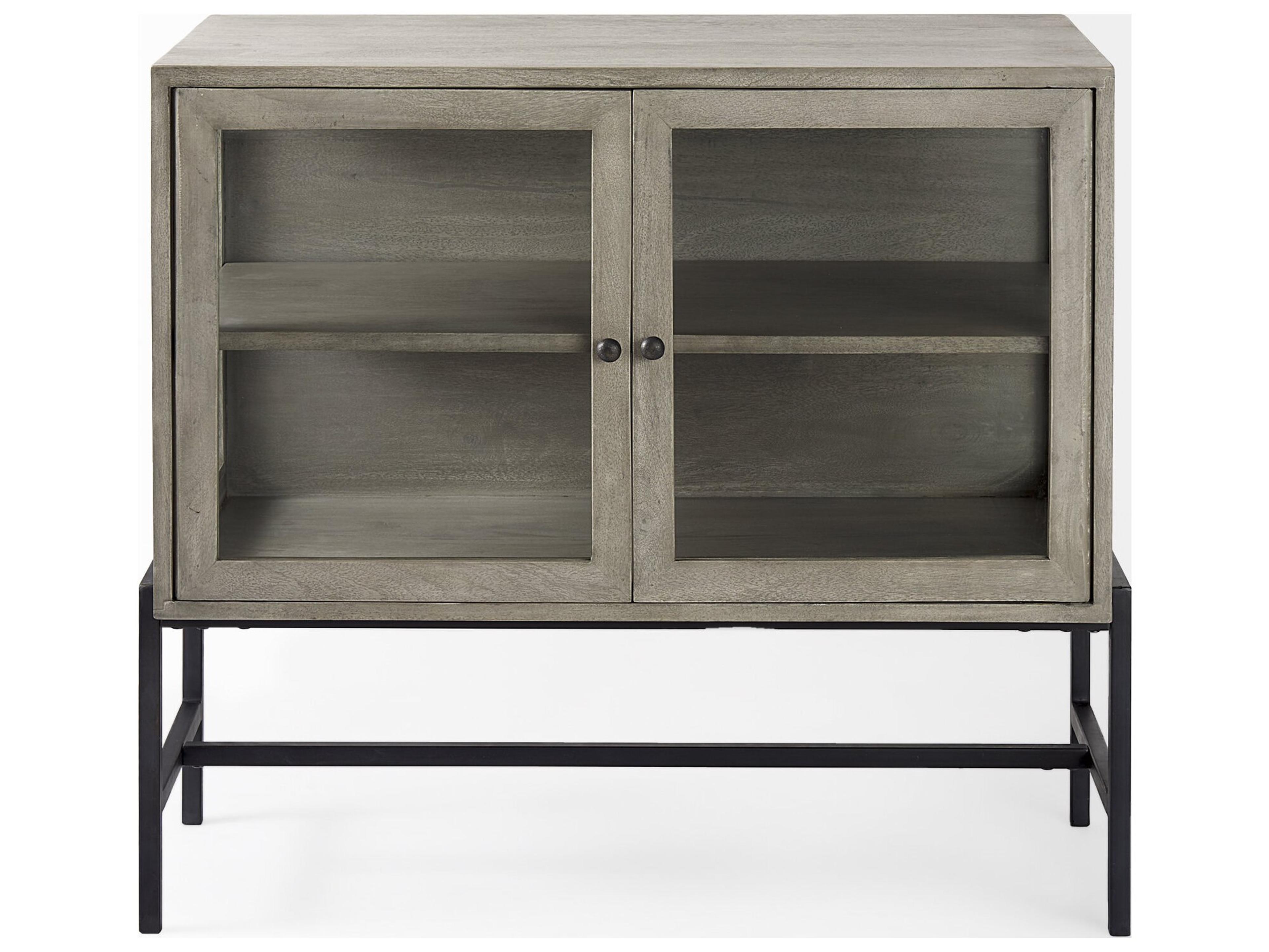 Mercana Arelius 36L x 18W x 32H Gray Wood, Black Metal Base w/ 2 Glass Doors Accent Cabinet